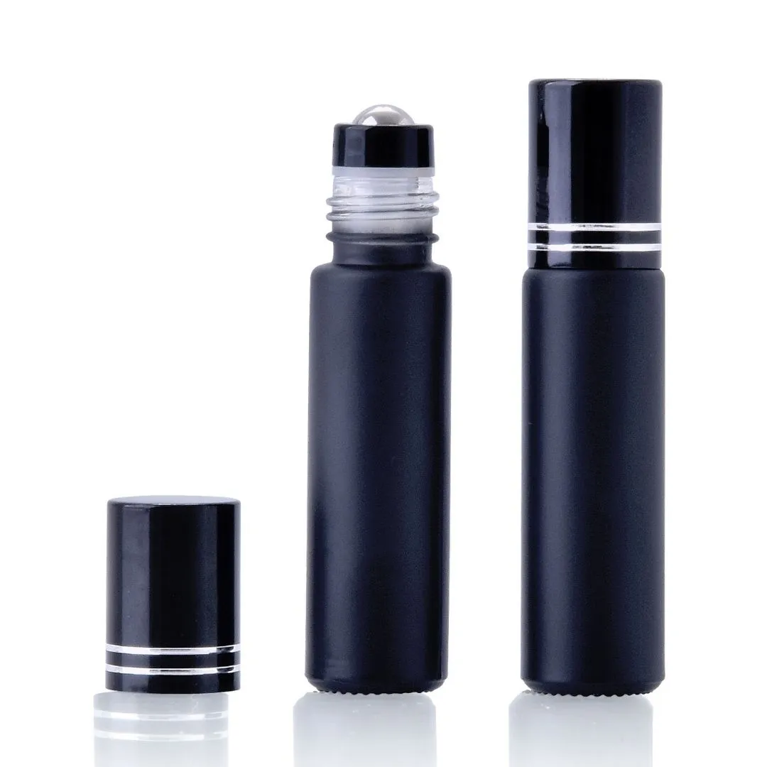 10ml Matte Black Roller Bottle with Black/Silver Lid (Pk 5)