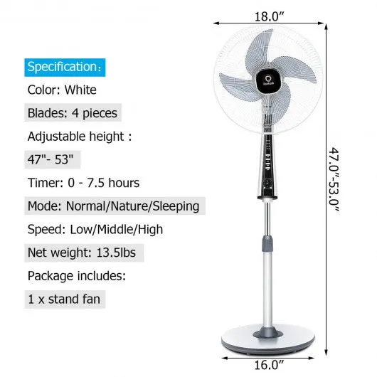 15" 4 Blades 3-Speed Height Adjustable Remote Control Pedestal Fan