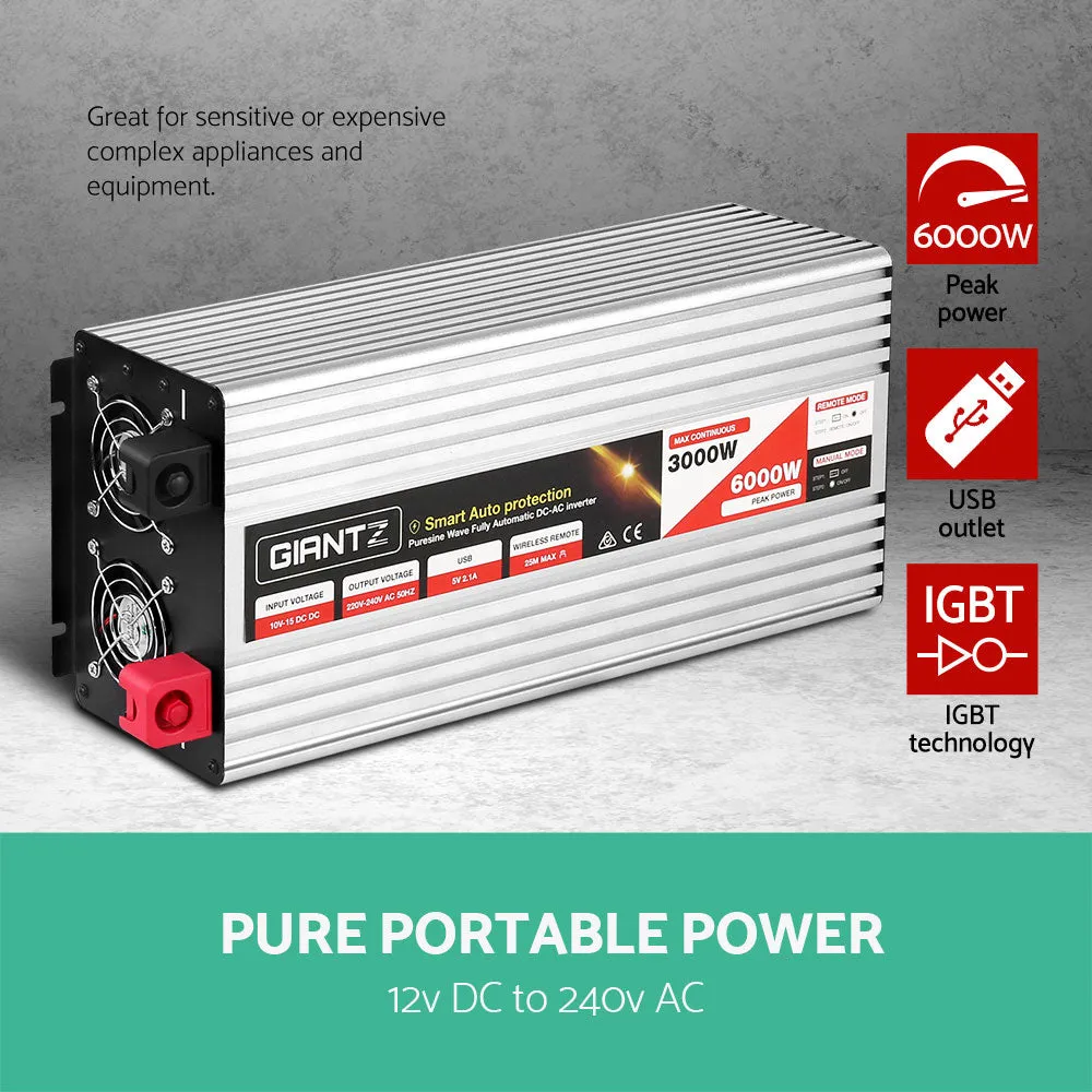 3000W/6000W Pure Sine Wave Power Inverter, LCD, USB, Giantz