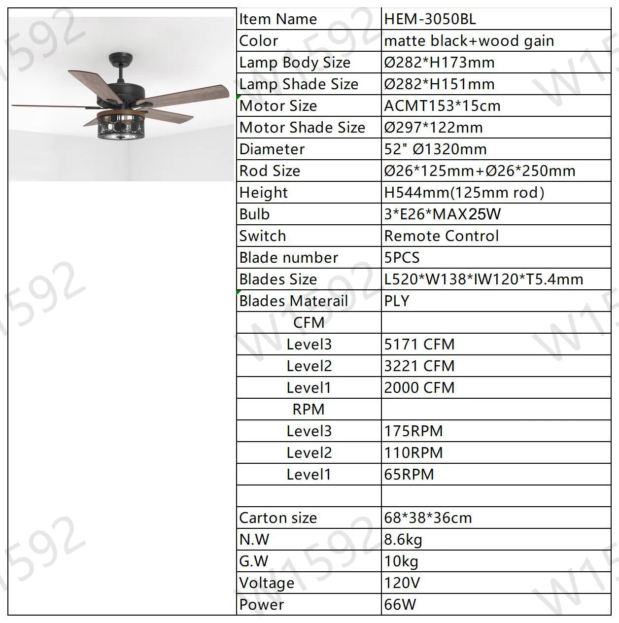 52'' Plywood Blades Ceiling Fan with Remote Control