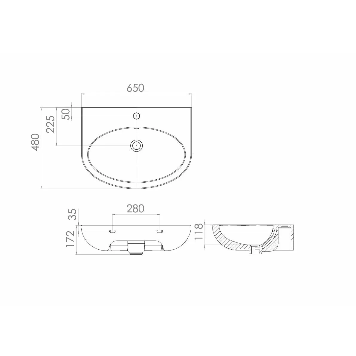 AIR 65x48cm washbasin 1TH with SEMI pedestal