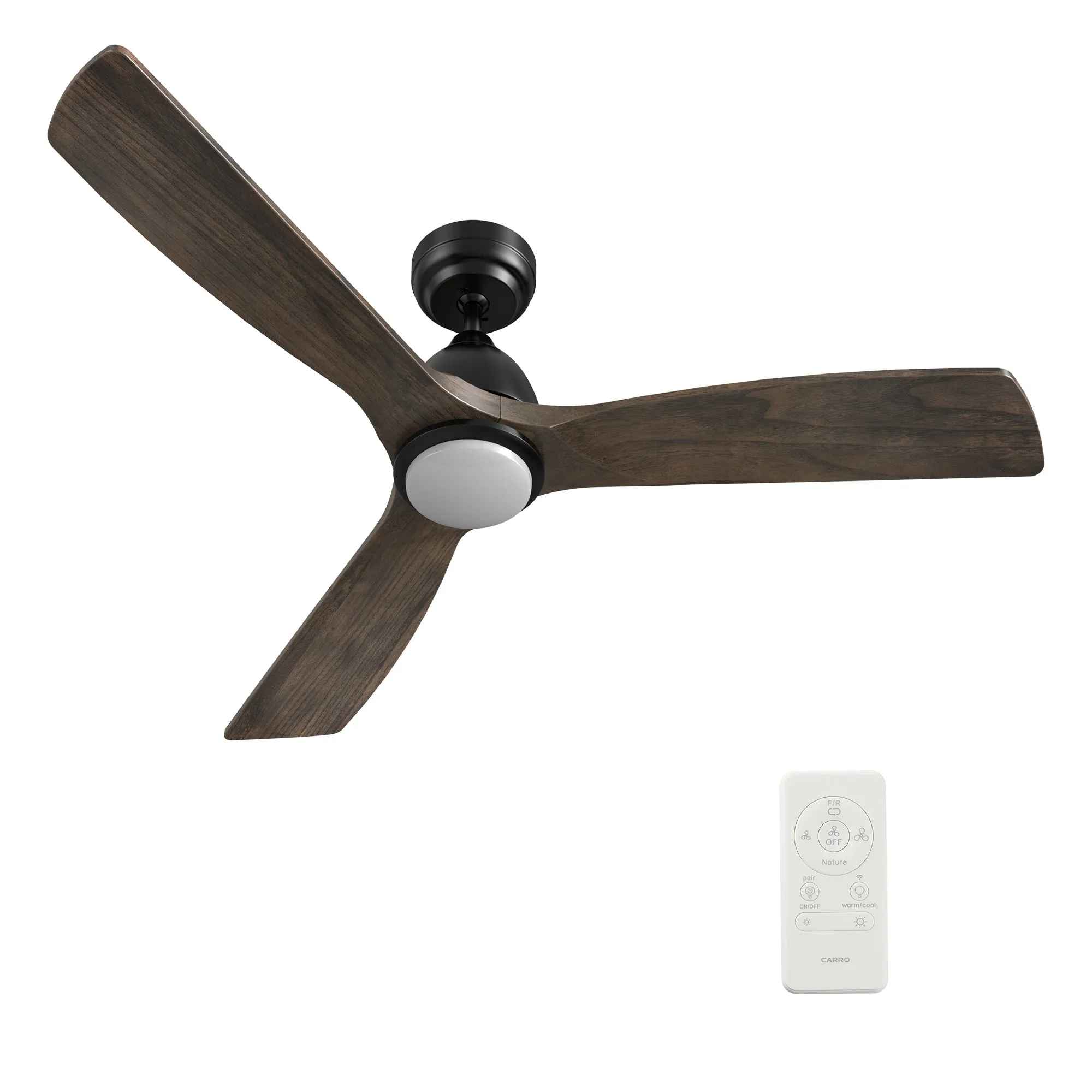 AKRON 48 inch 3-Blade Smart Ceiling Fan with LED Light Kit & Remote- Black/Dark Walnut Solid Wood Blades