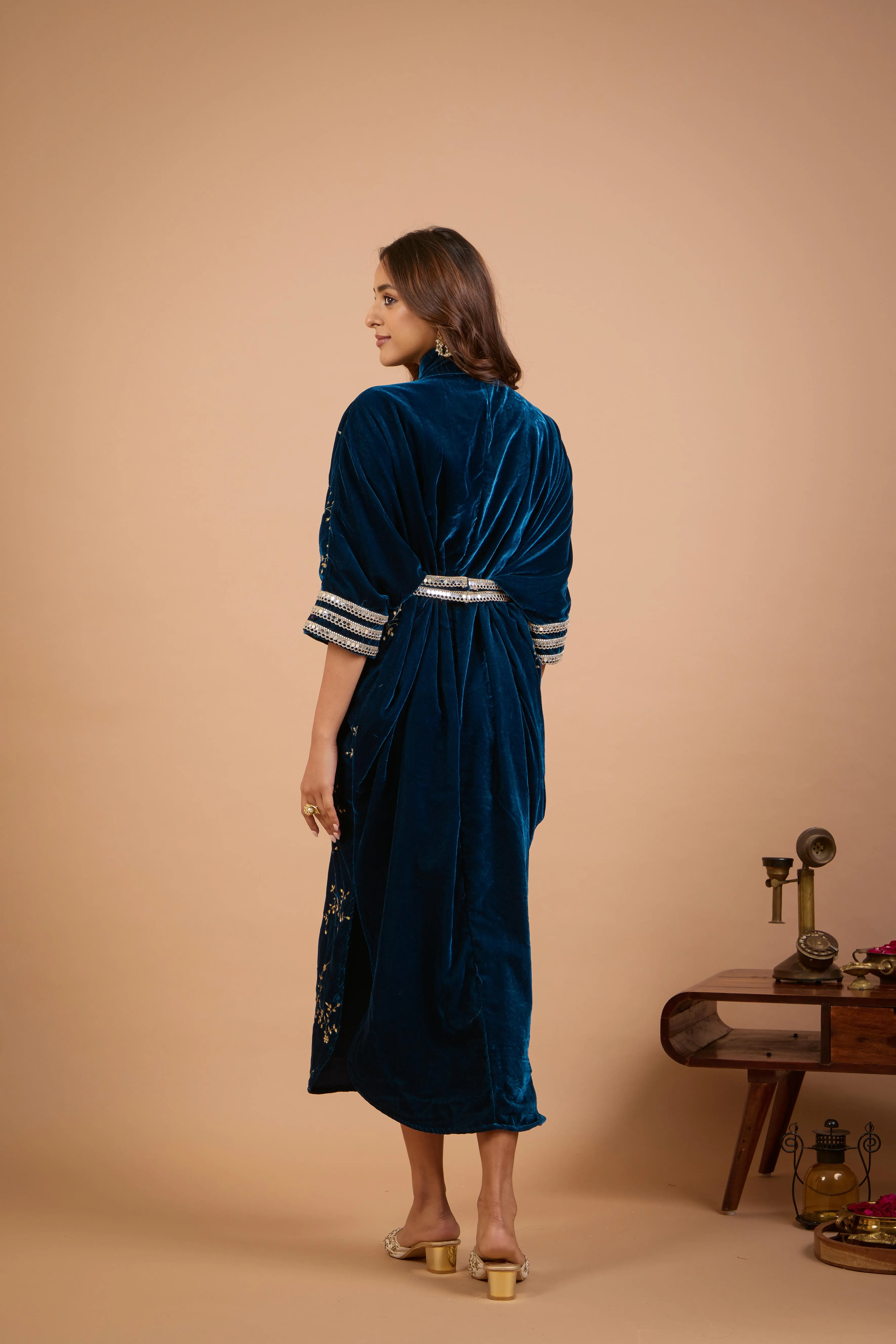 Alaya Jugni Bahamas Blue Velvet Embroidered Ruhani Kaftan