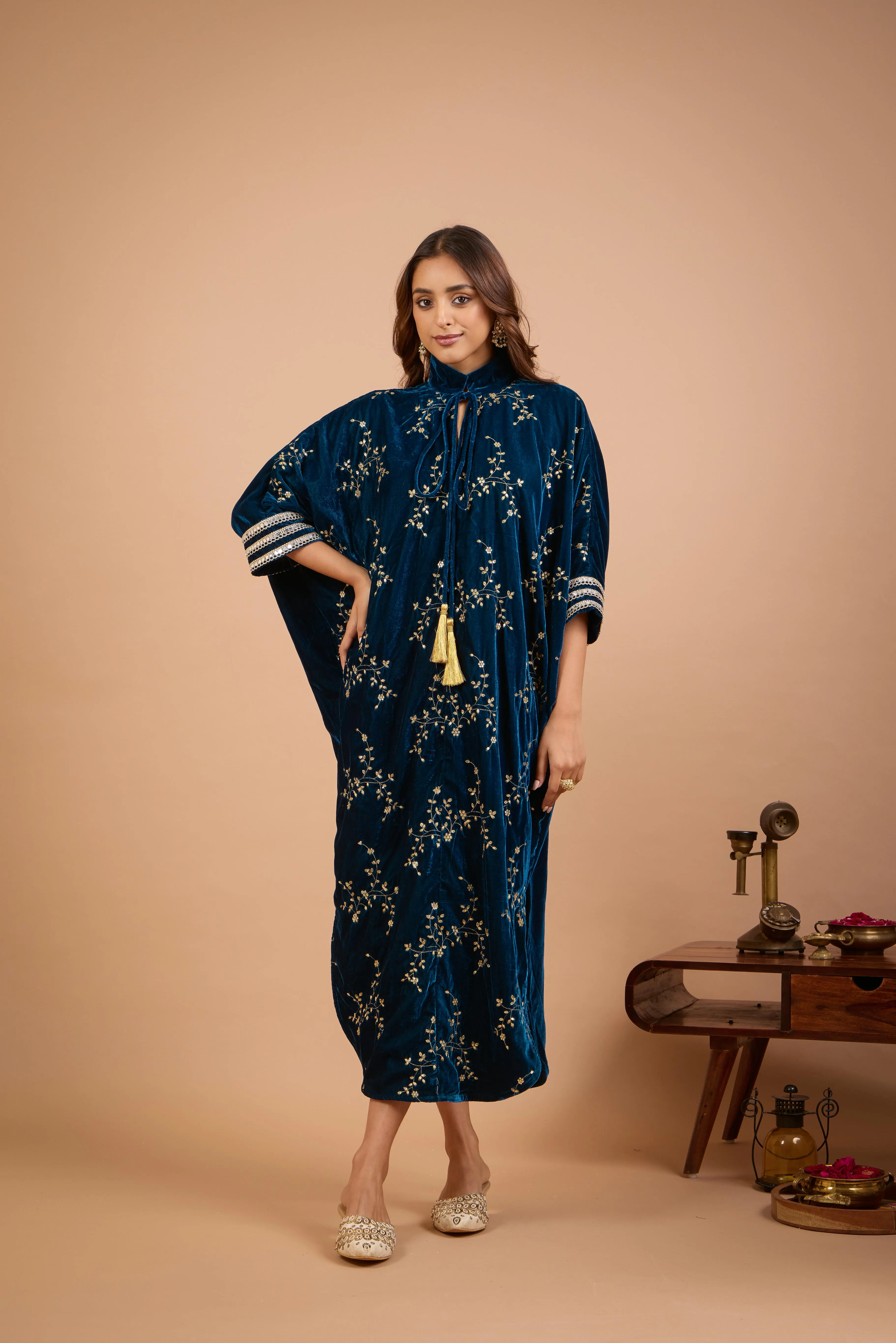 Alaya Jugni Bahamas Blue Velvet Embroidered Ruhani Kaftan