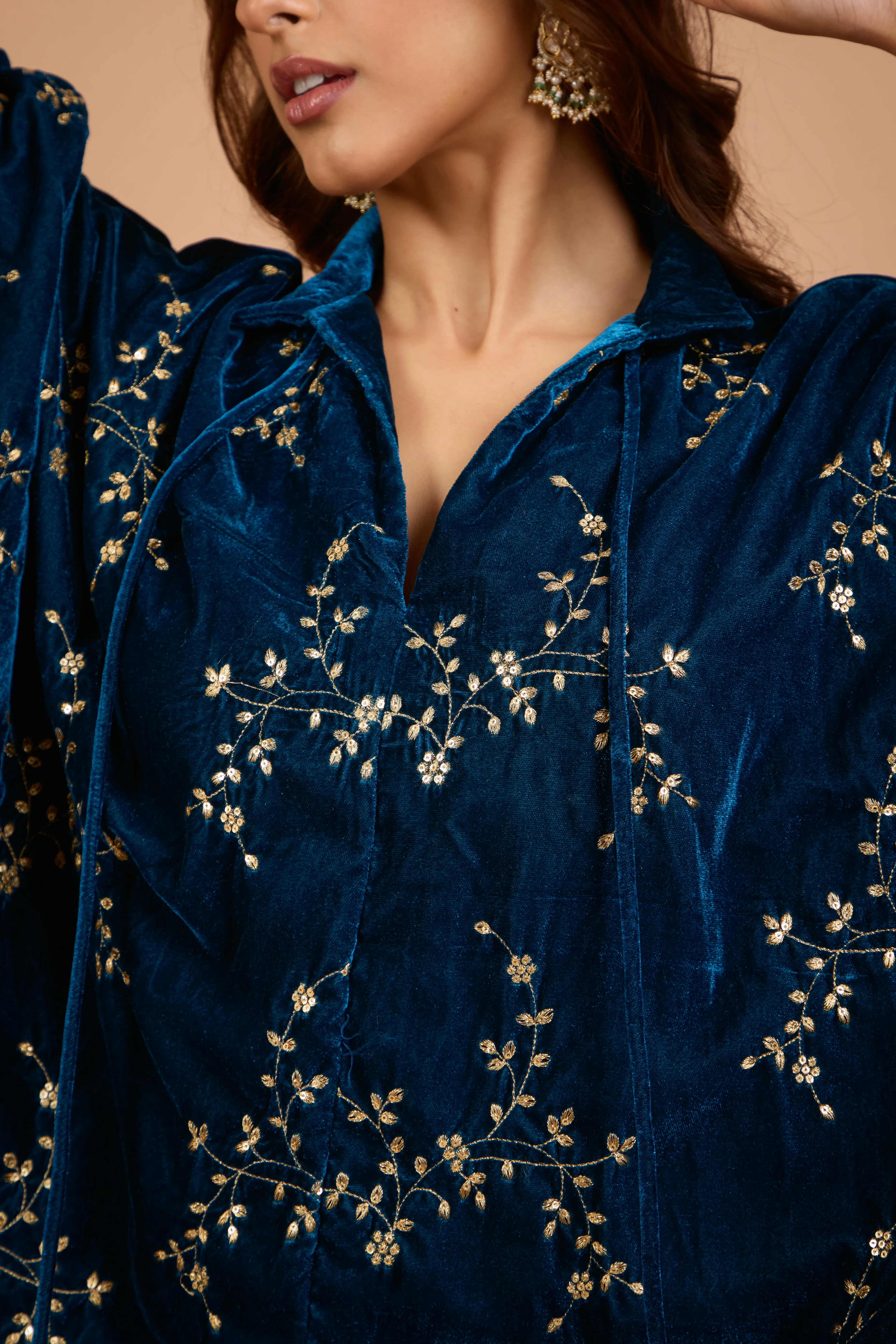 Alaya Jugni Bahamas Blue Velvet Embroidered Ruhani Kaftan