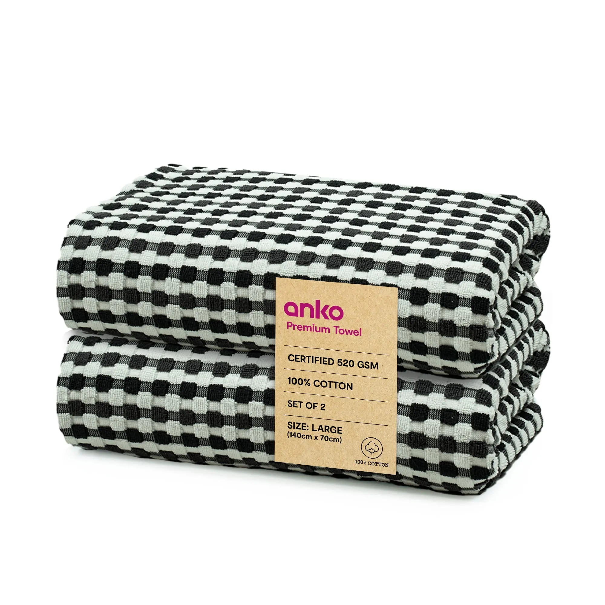 Anko Australia 100% Cotton 520 GSM Large Malmo Bath Towel | Set of 2 | Super-Soft, Absorbent, Quick-Drying | Black & White Checkered Towel for Men, Women & Kids | 140x70 cm |Travel, Gym, Spa Towel