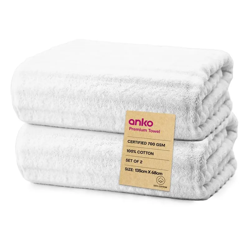 Anko Australia 100% Cotton 700 GSM Large Ribbed Bath Towel | Set of 2 | Super-Soft, Absorbent, Quick-Drying | White Towel for Men, Women & Kids | 135x68 cm |Travel, Gym, Spa Towel