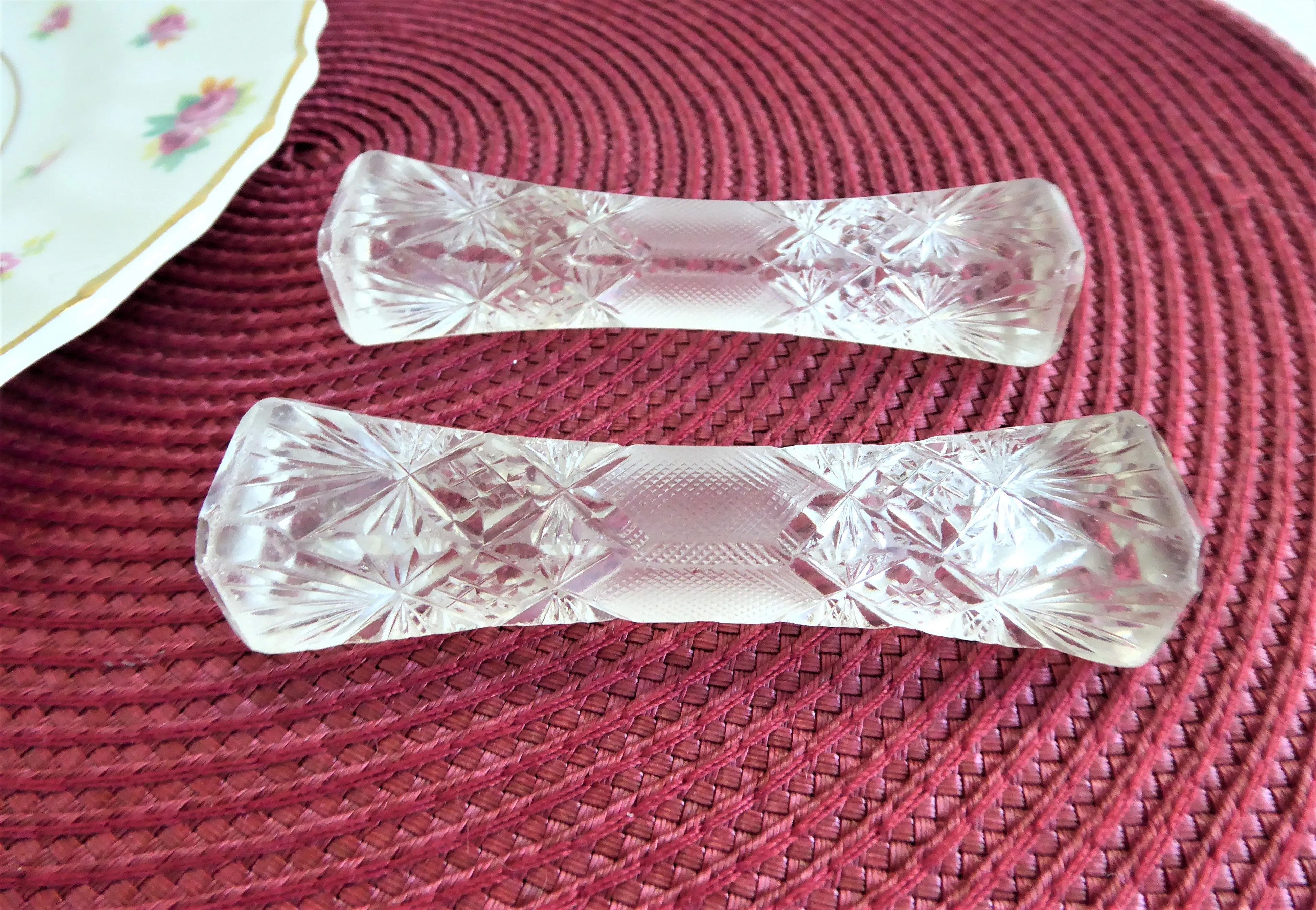 Antique Fancy Crystal Kniferest Pair Tapered Baton Waffle Fan 1890s Victorian