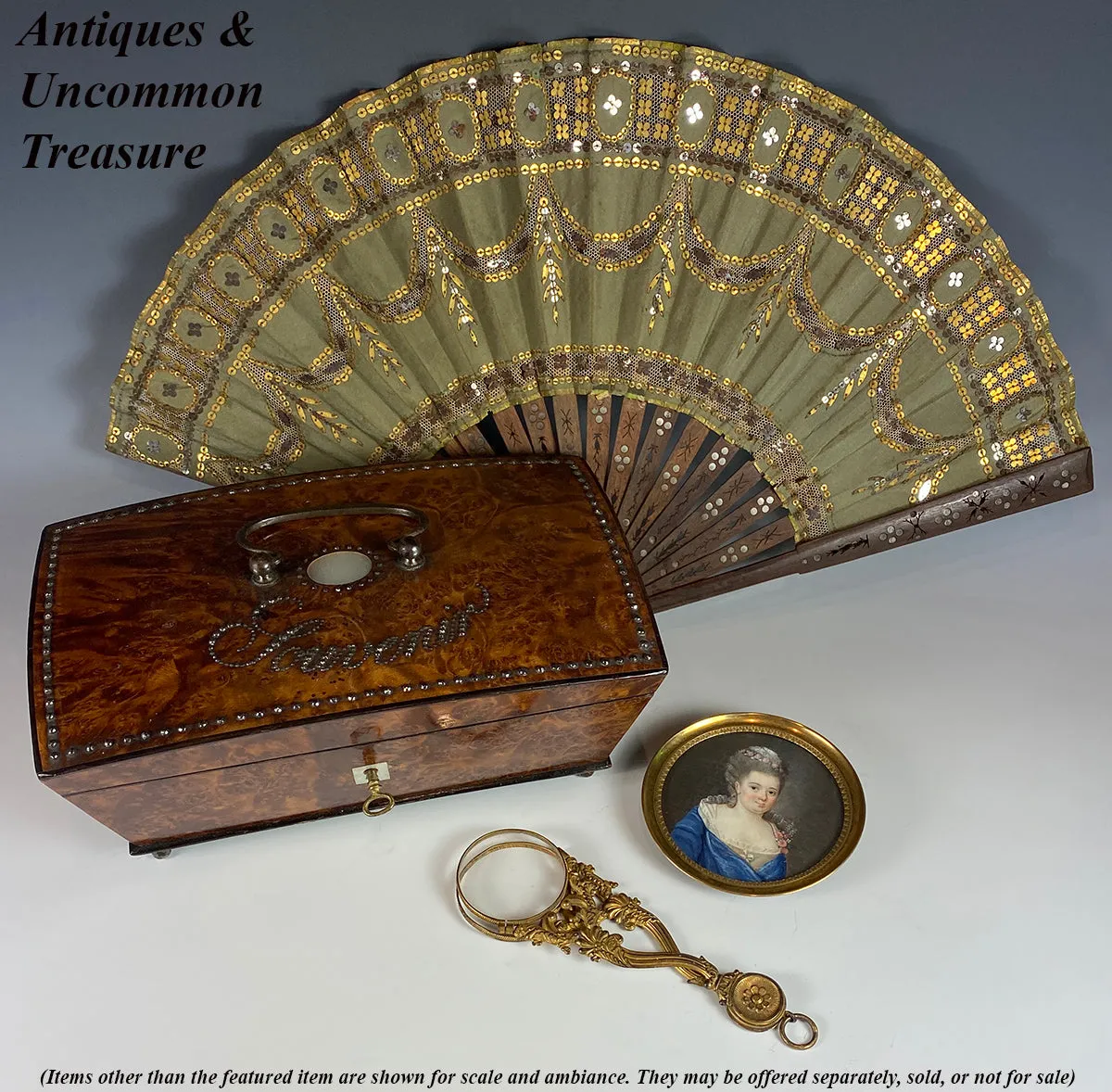 Antique French Empire or 2nd Empire Sequin and Silk Hand Fan, Pique Monture in Wood