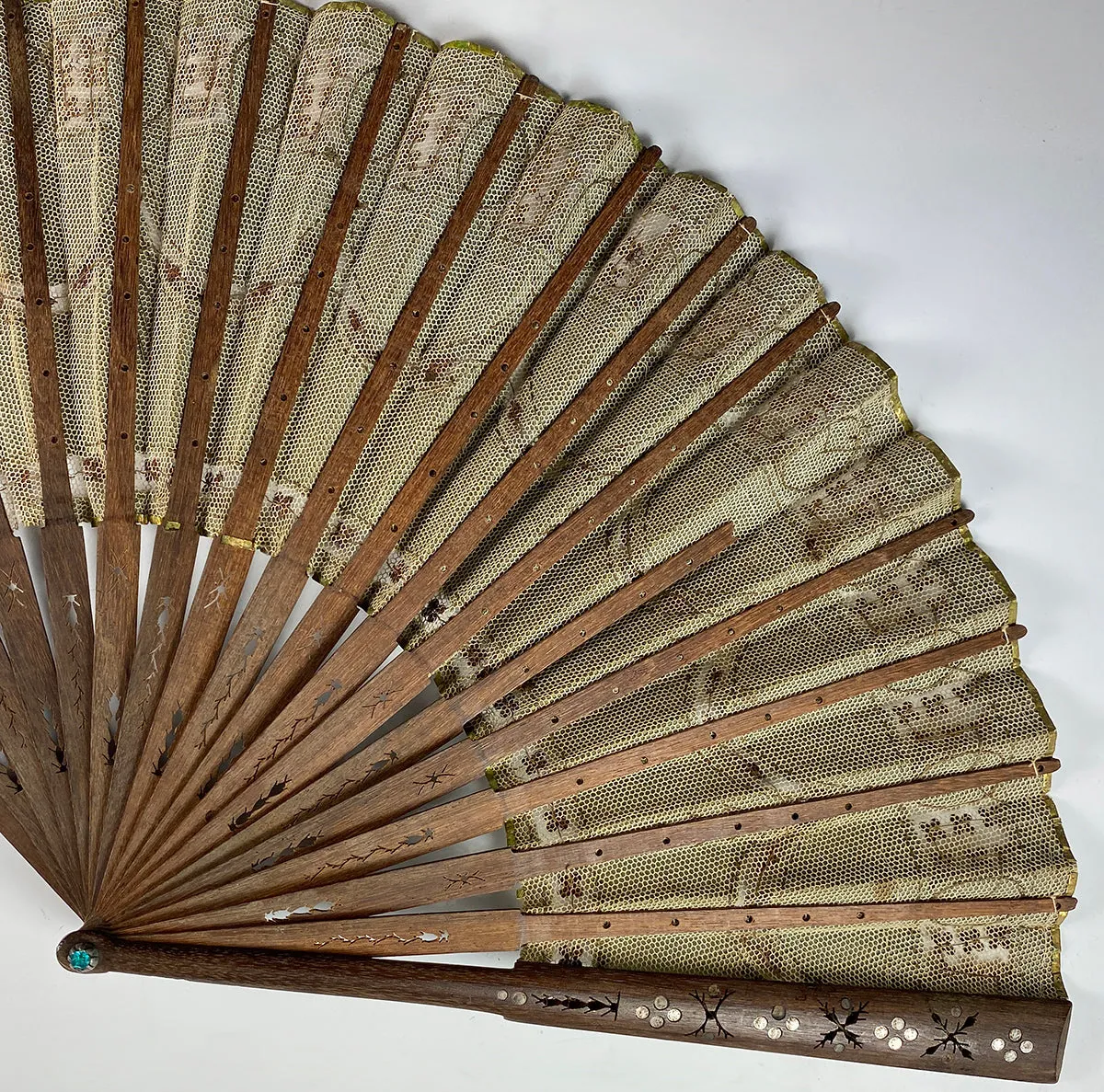 Antique French Empire or 2nd Empire Sequin and Silk Hand Fan, Pique Monture in Wood