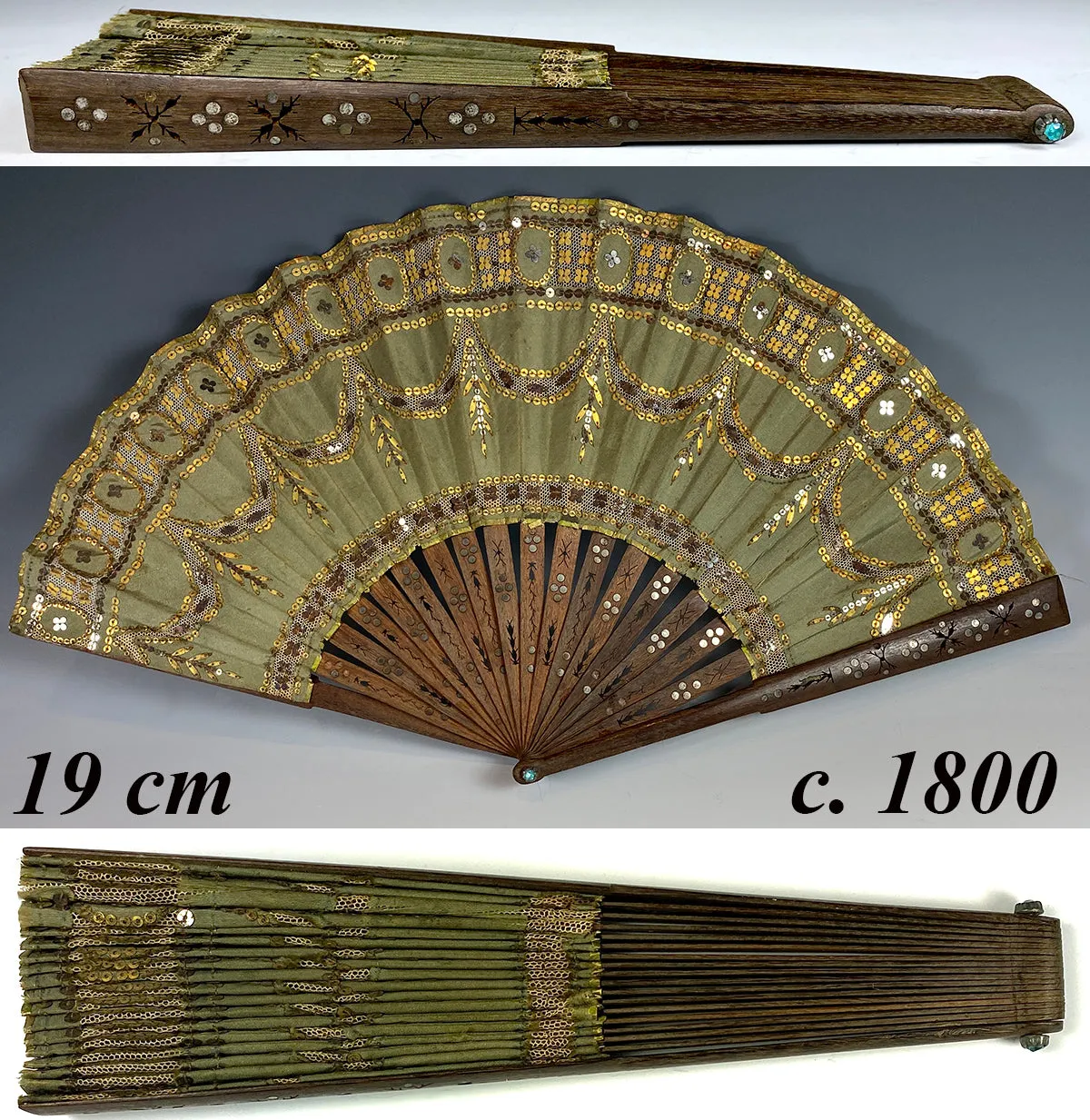 Antique French Empire or 2nd Empire Sequin and Silk Hand Fan, Pique Monture in Wood