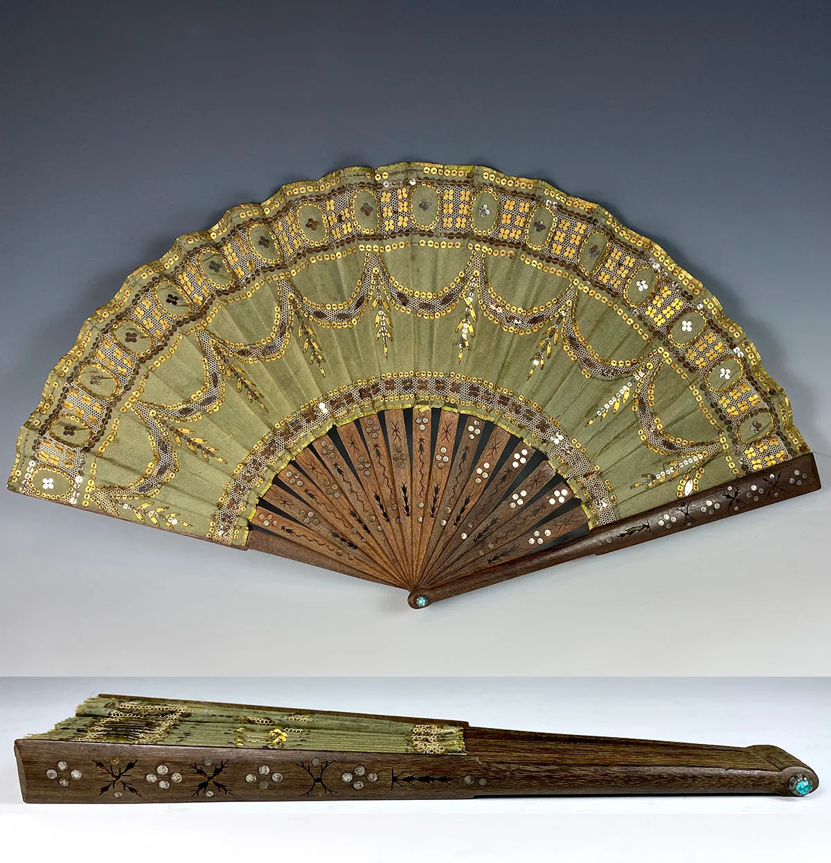 Antique French Empire or 2nd Empire Sequin and Silk Hand Fan, Pique Monture in Wood