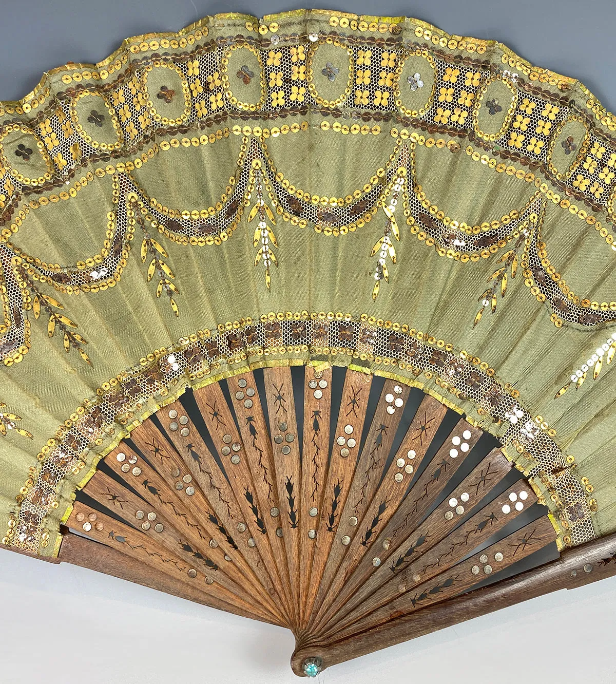 Antique French Empire or 2nd Empire Sequin and Silk Hand Fan, Pique Monture in Wood