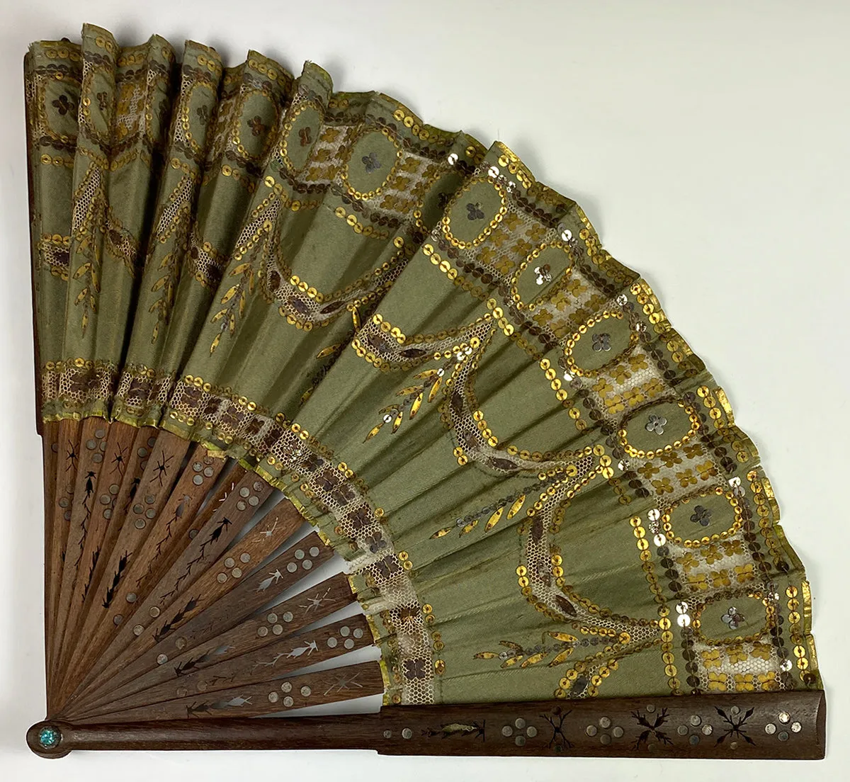 Antique French Empire or 2nd Empire Sequin and Silk Hand Fan, Pique Monture in Wood