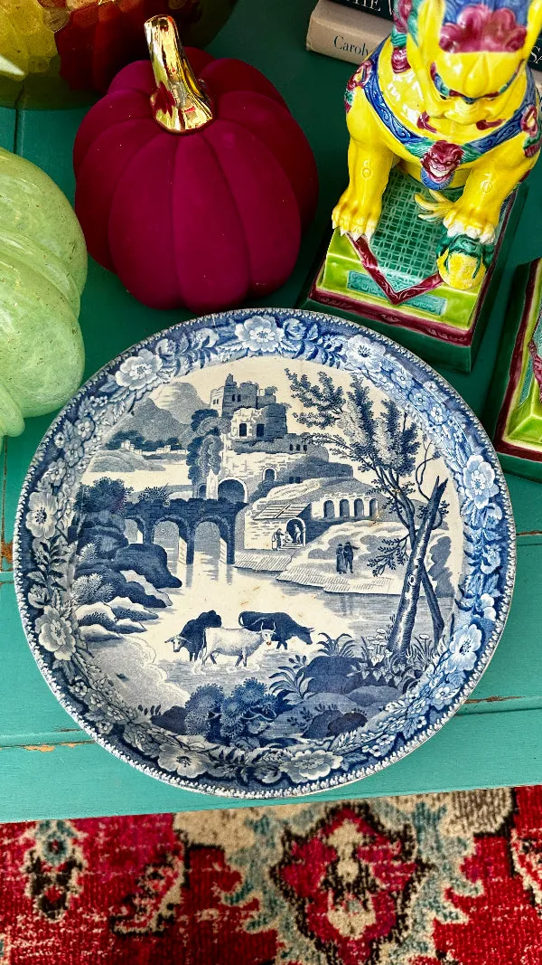 Antique Transferware Plate with Pedestal - Pastoral Scene