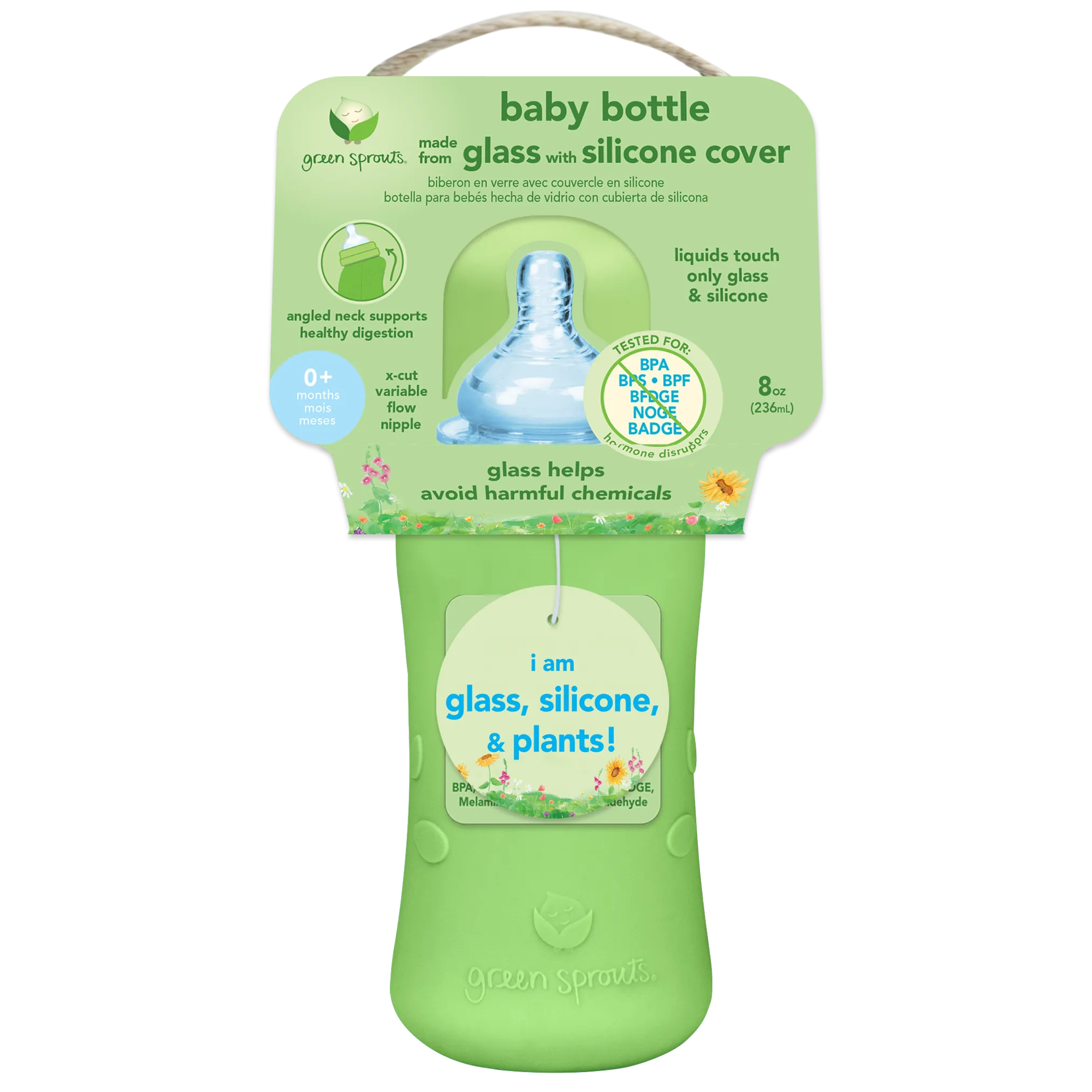 Baby Bottle made from Glass w Silicone Cover-8oz-Green-0mo 