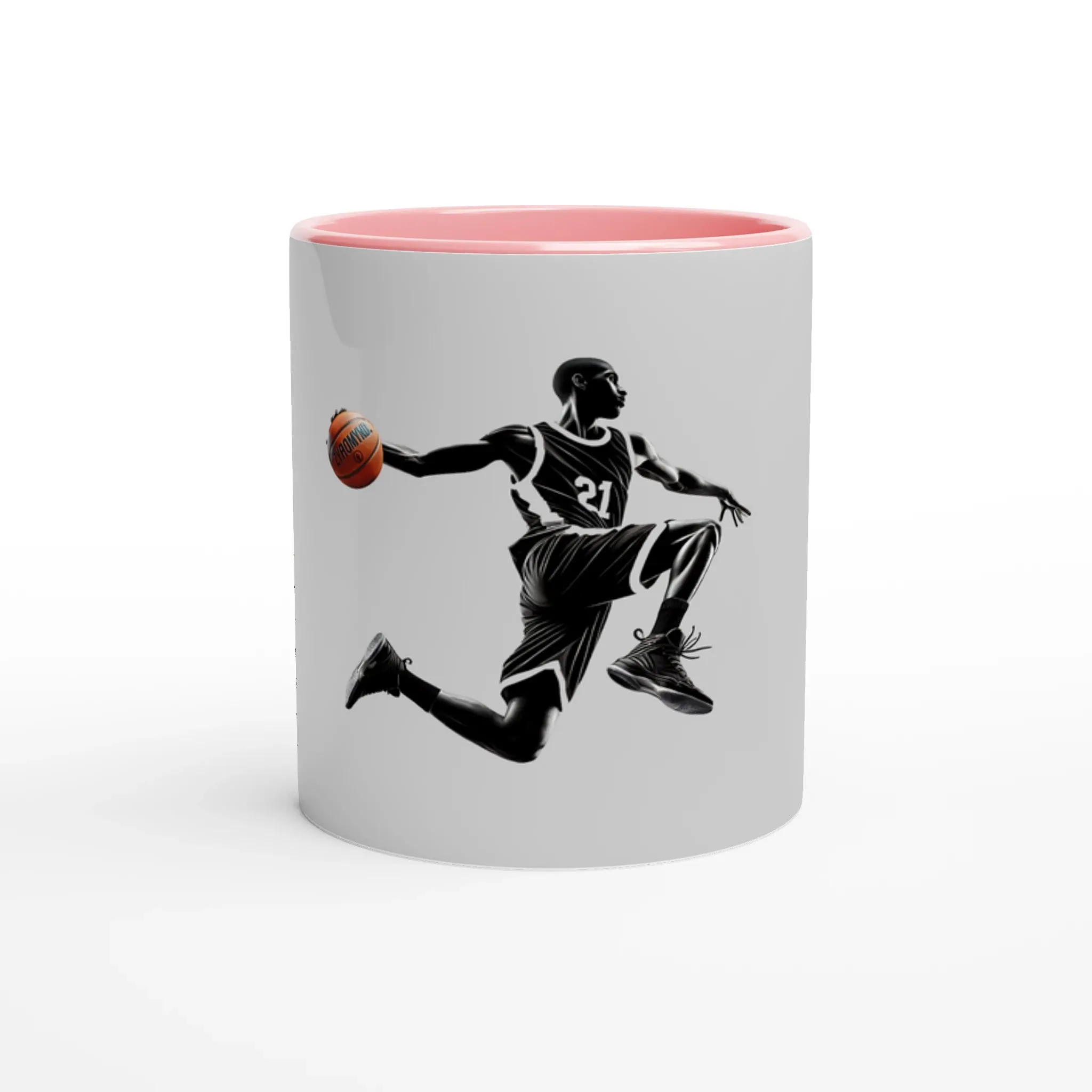 Basketball Player Mid-Air, White 11oz Ceramic Mug with Color Inside