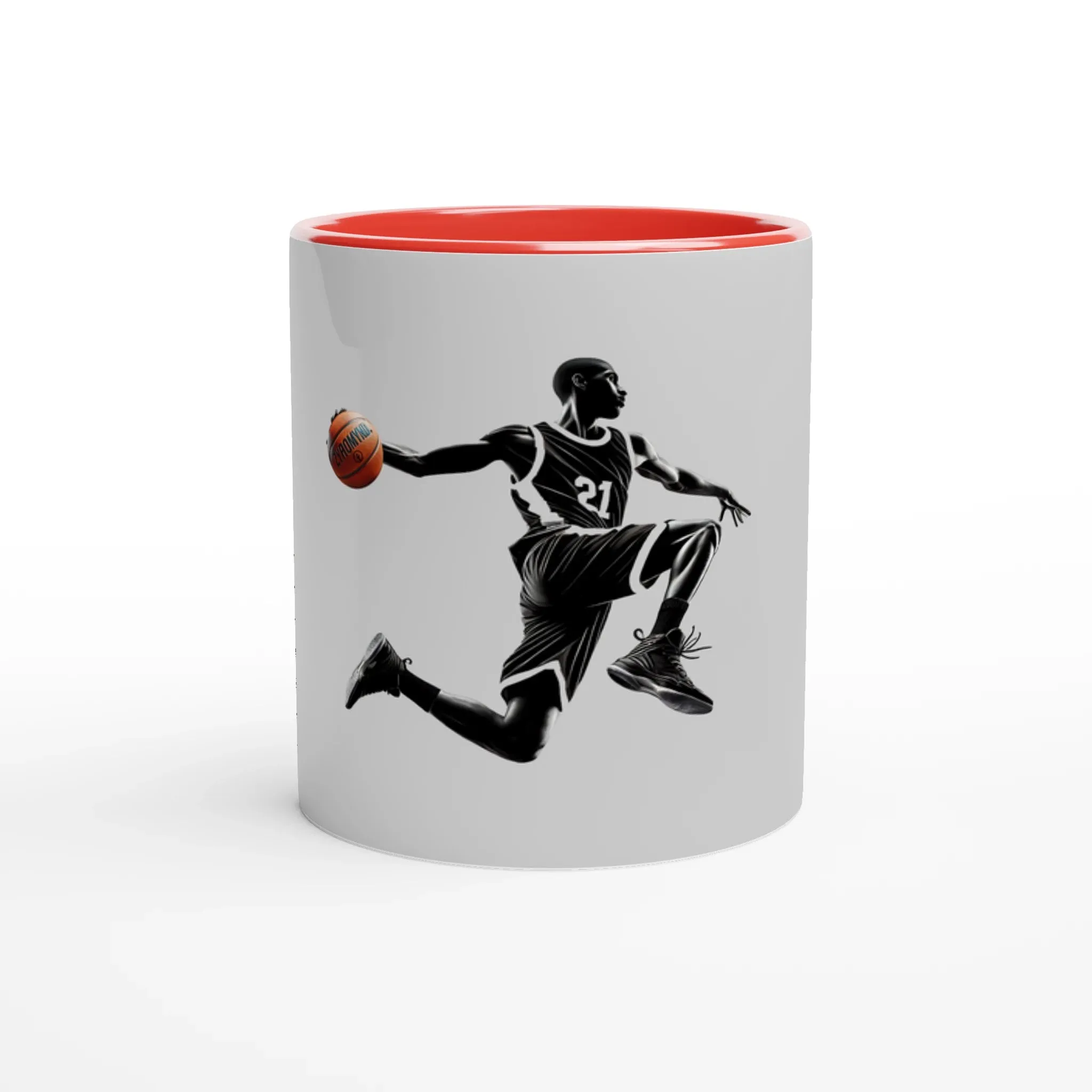 Basketball Player Mid-Air, White 11oz Ceramic Mug with Color Inside