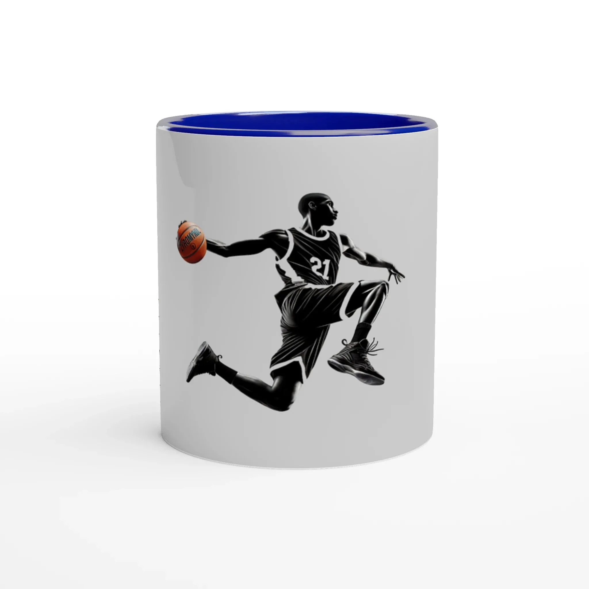 Basketball Player Mid-Air, White 11oz Ceramic Mug with Color Inside