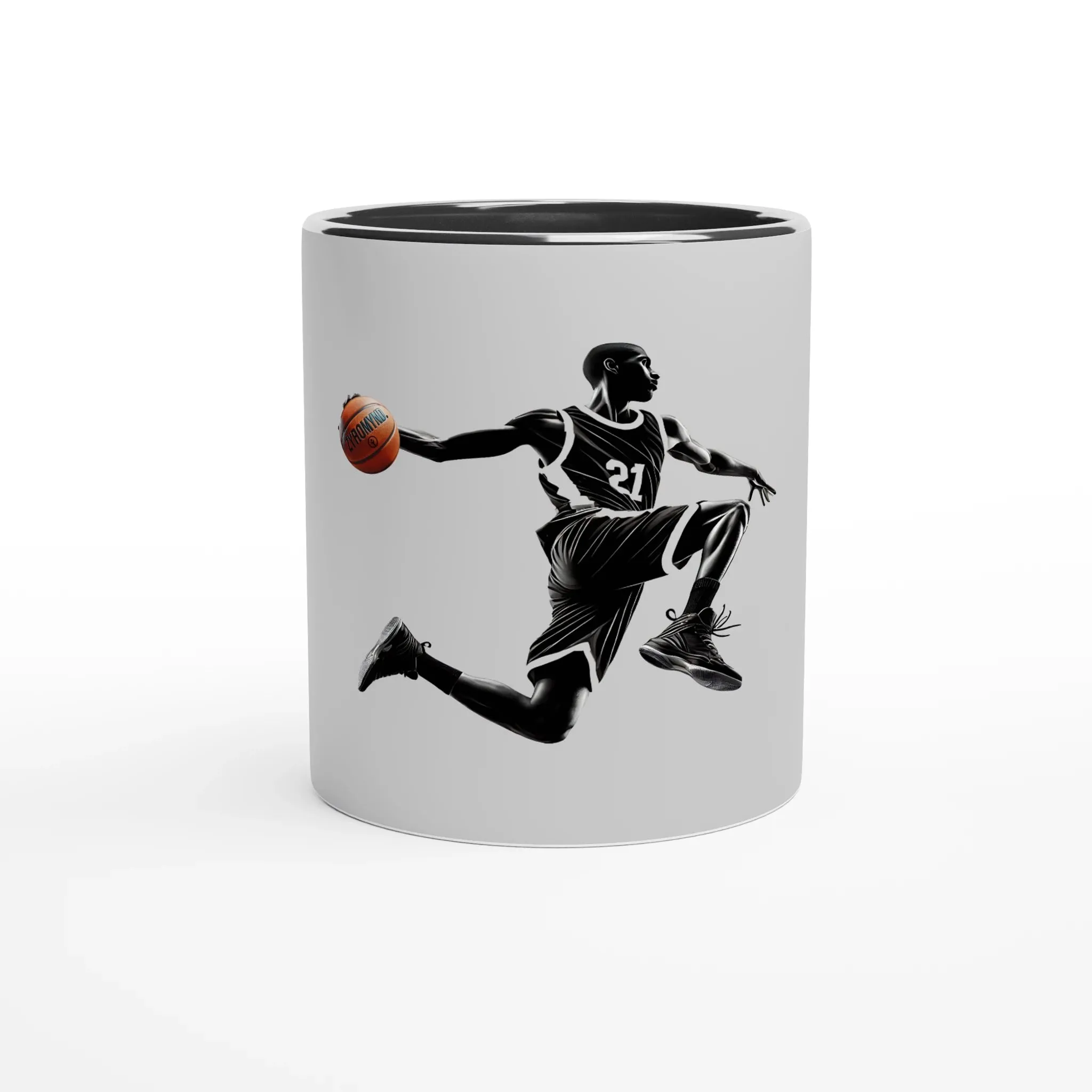 Basketball Player Mid-Air, White 11oz Ceramic Mug with Color Inside