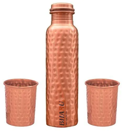 Bharu Hammered Copper Bottle 950 ml & 2 pcs Hammered Copper Glass