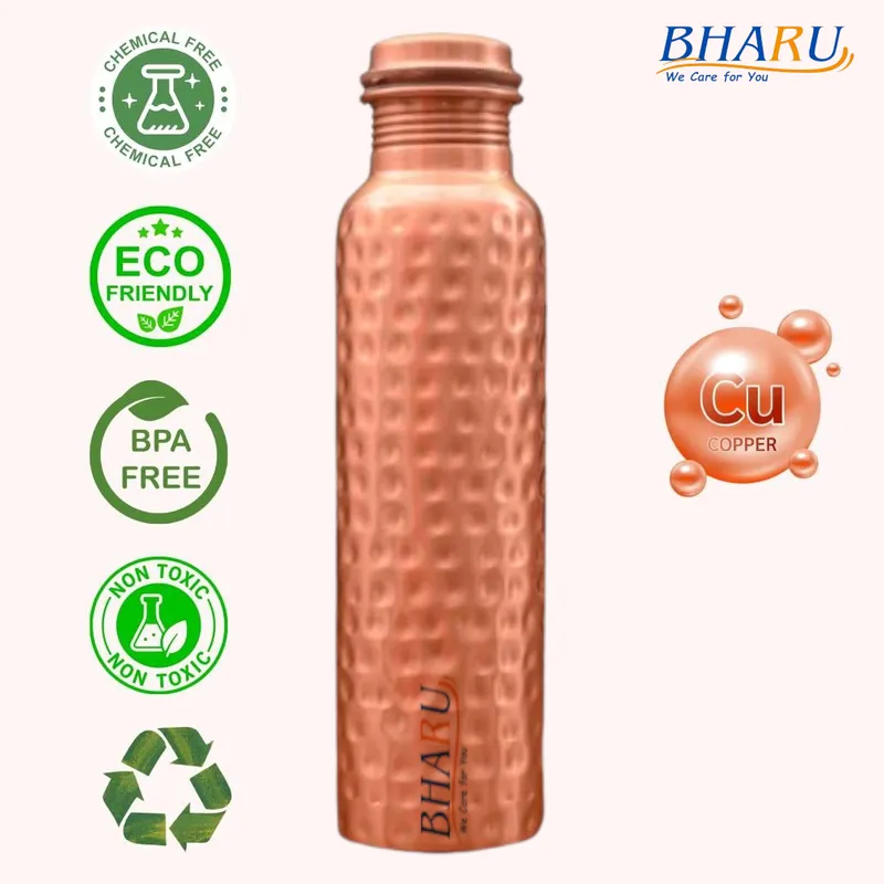 Bharu Hammered Copper Bottle 950 ml & 2 pcs Hammered Copper Glass