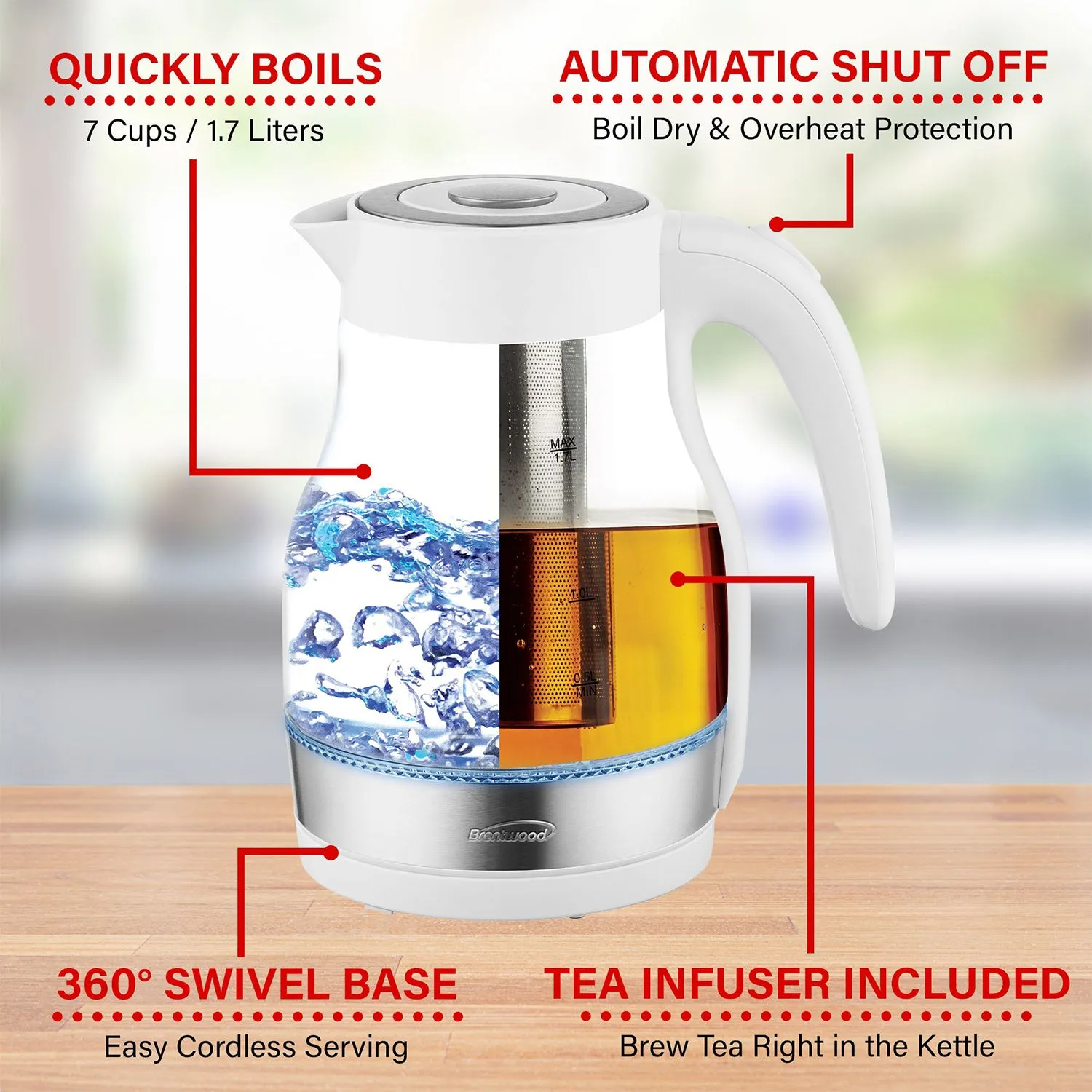 Brentwood 1.7L Cordless Electric Glass Tea Kettle Pot w/ Tea Infuser (Open Box)