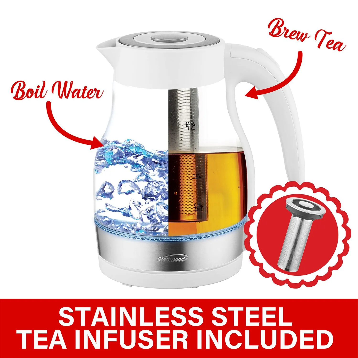 Brentwood 1.7L Cordless Electric Glass Tea Kettle Pot w/ Tea Infuser (Open Box)