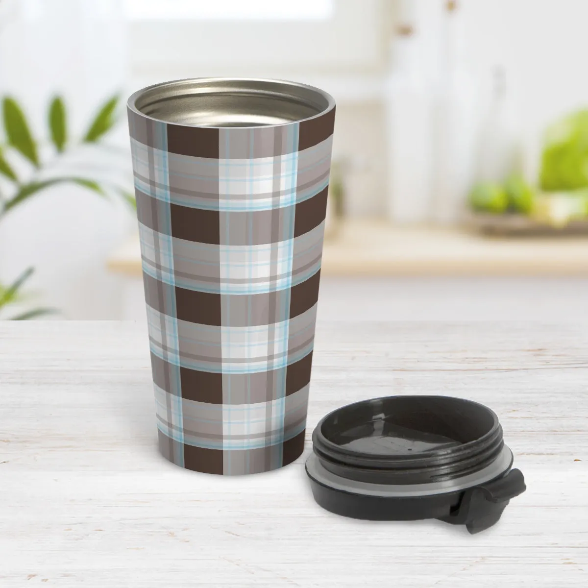 Brown Blue Plaid Travel Mug