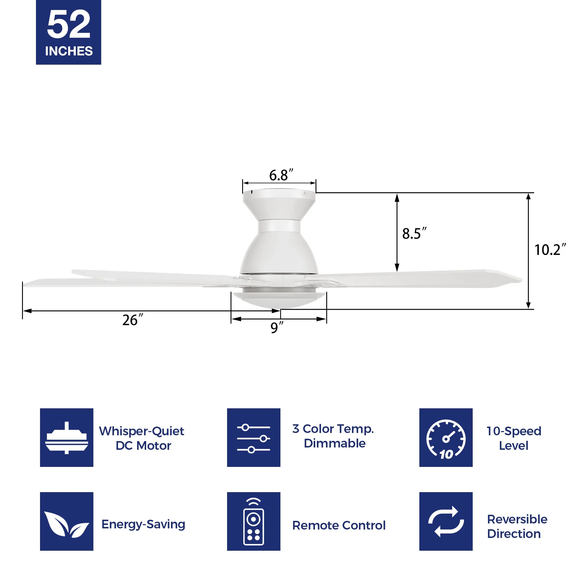 Byrness Low Profile Ceiling Fan with LED Light and Remote 52 inch