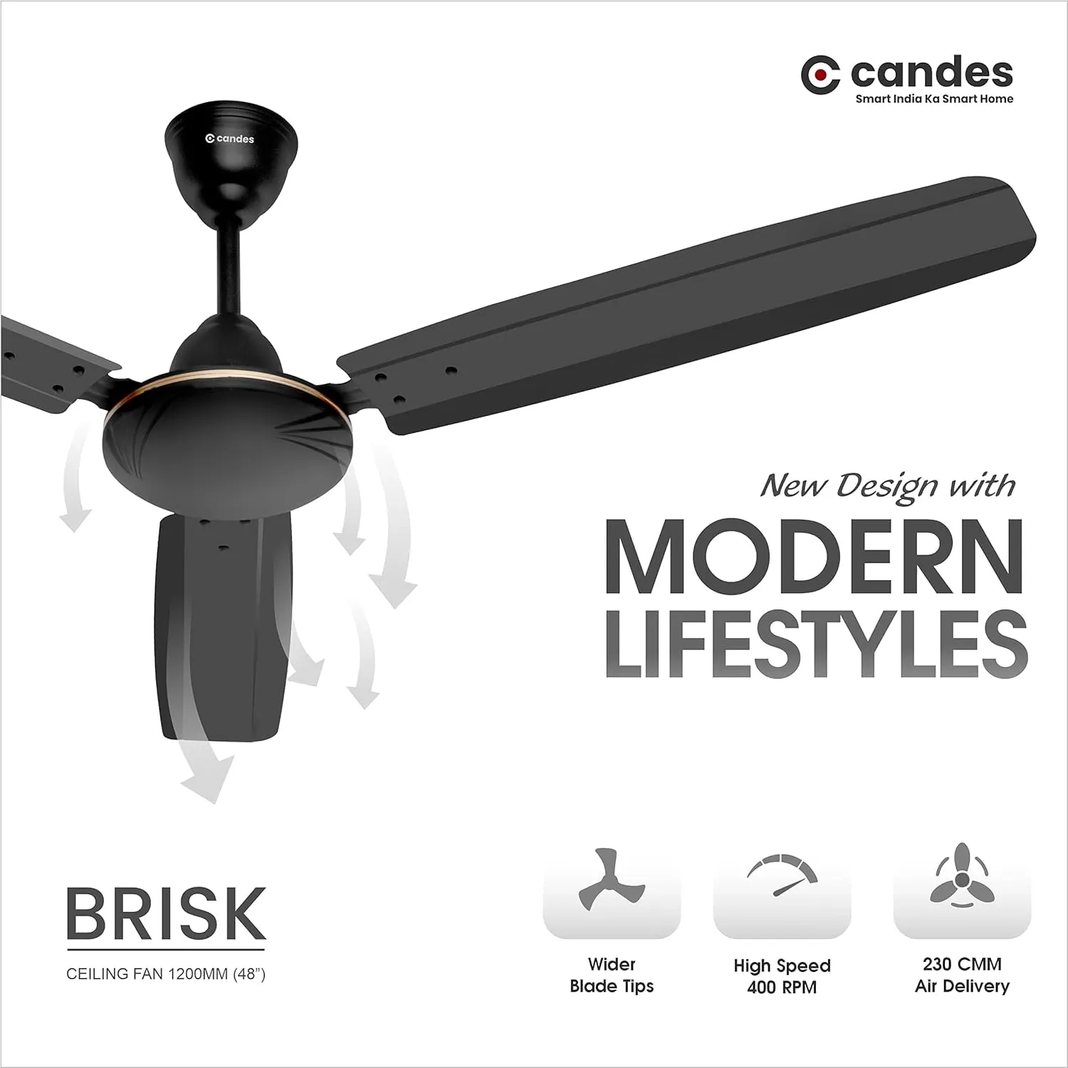 Candes Brisk Ceiling Fans For Home 1200Mm / 48 Inch | Bee 3 stars Rated, High Air Delivery, Noiseless & Energy Efficient | 1 1 Years Warranty | Coffee Brown