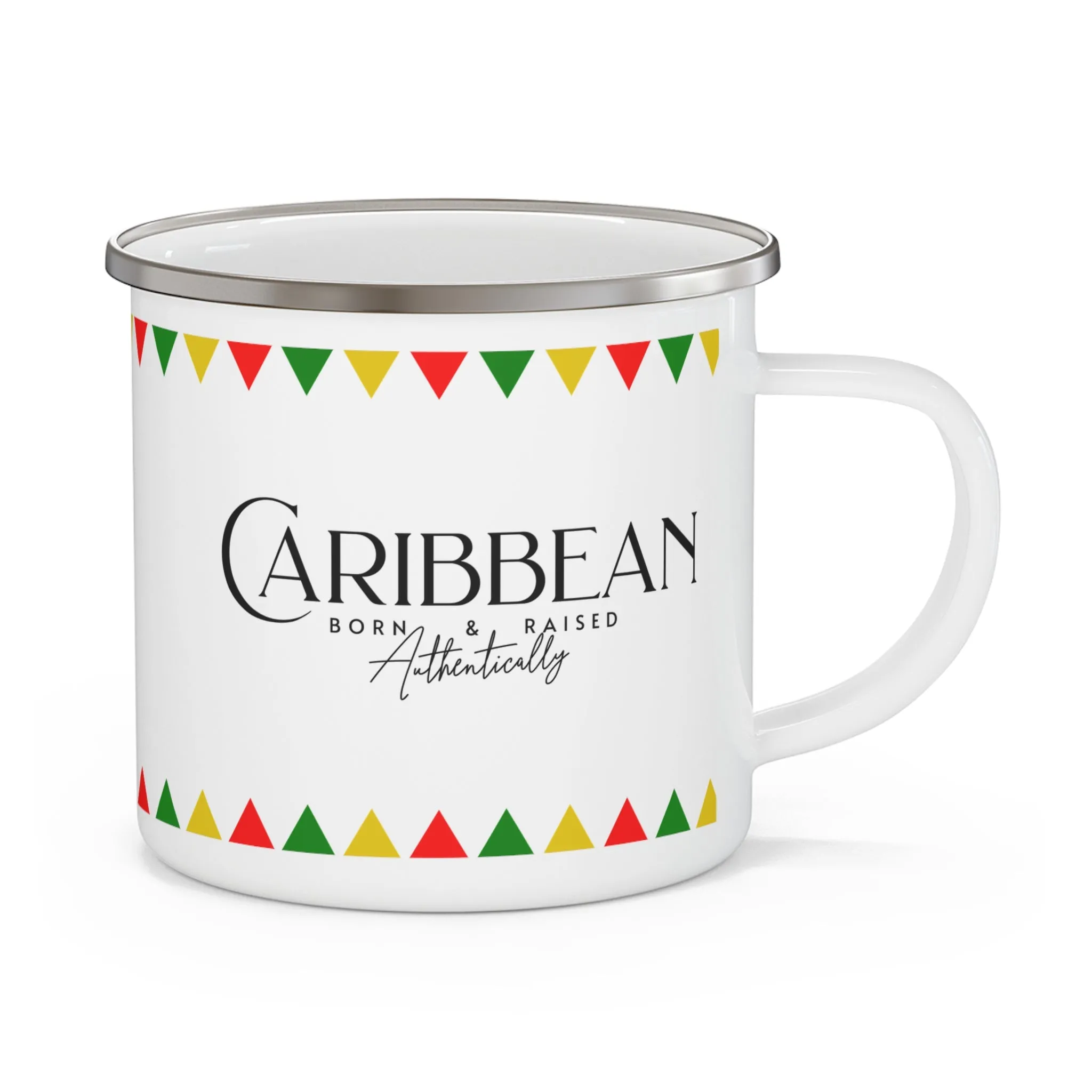 Caribbean Raised, Pennant Banner Design, Enamel Camp Mug, Durable, 12oz