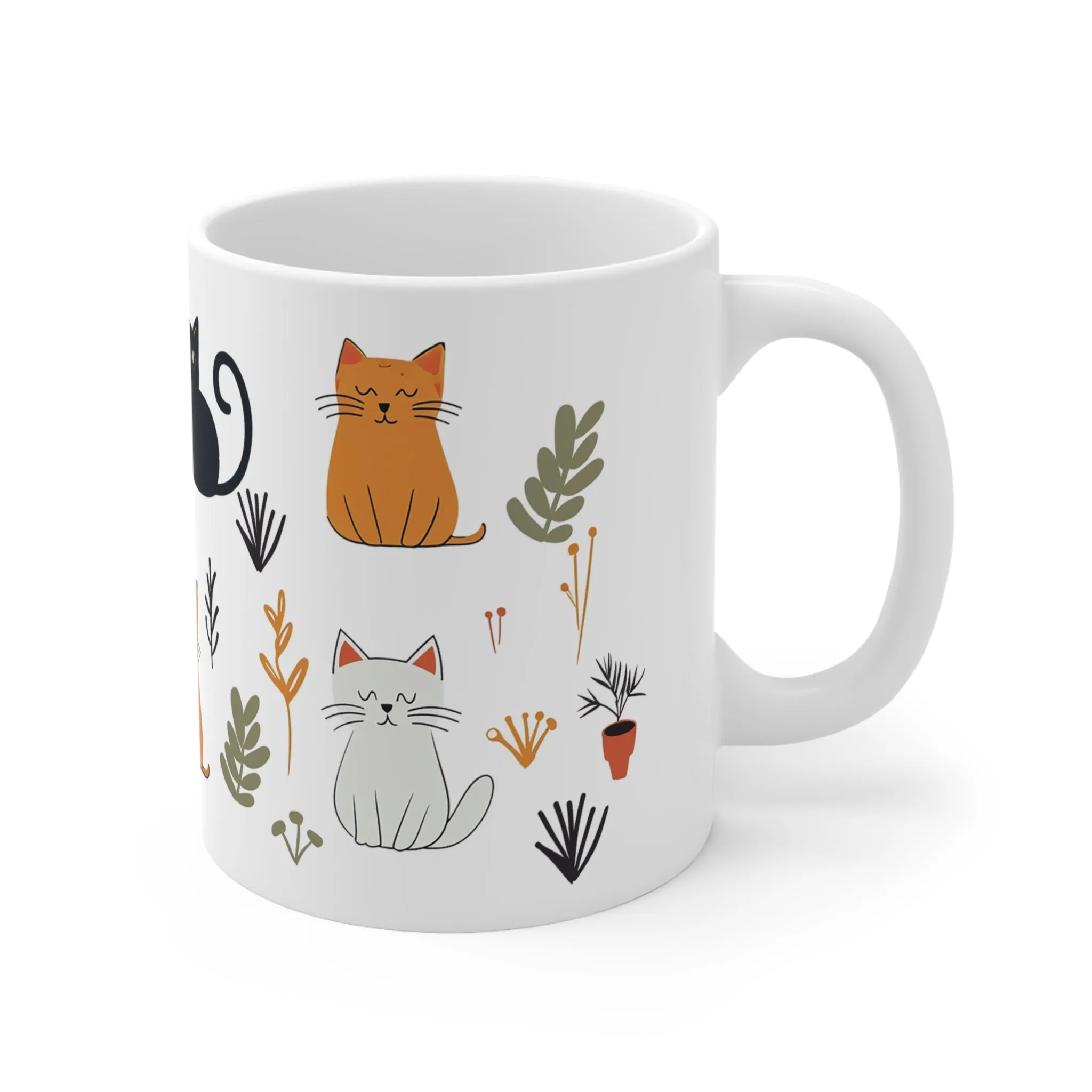 Cat Mug, Cute Cat Coffee Mug, Cat Painting Tea Cup, Kitten Mug, Cat Pattern Mug, Plants and Cats Mug, Plants Mug, Cat Lover Gift