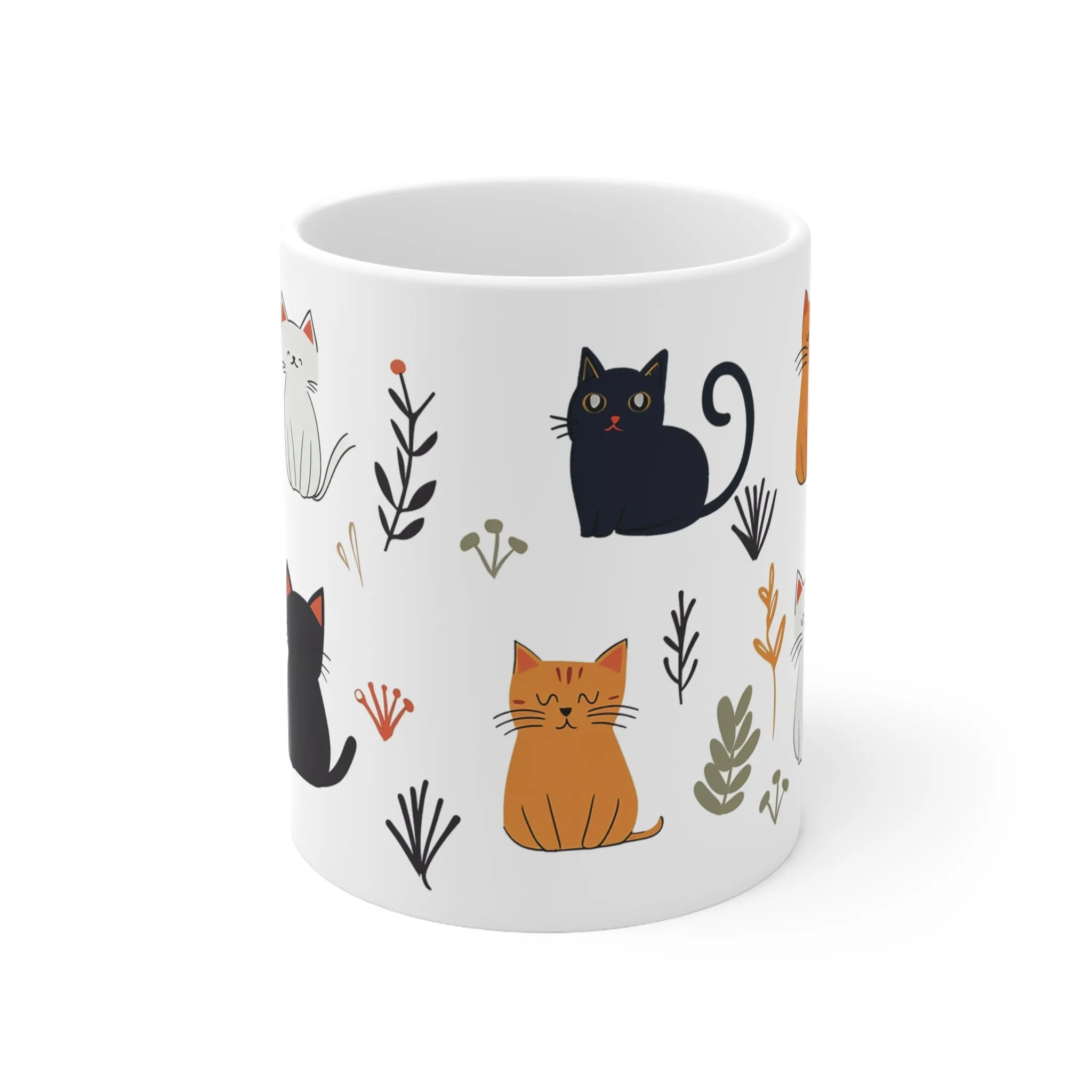 Cat Mug, Cute Cat Coffee Mug, Cat Painting Tea Cup, Kitten Mug, Cat Pattern Mug, Plants and Cats Mug, Plants Mug, Cat Lover Gift