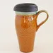 Ceramic Travel Mug with Lid and Handle- Brown and Green with Lines and Dots