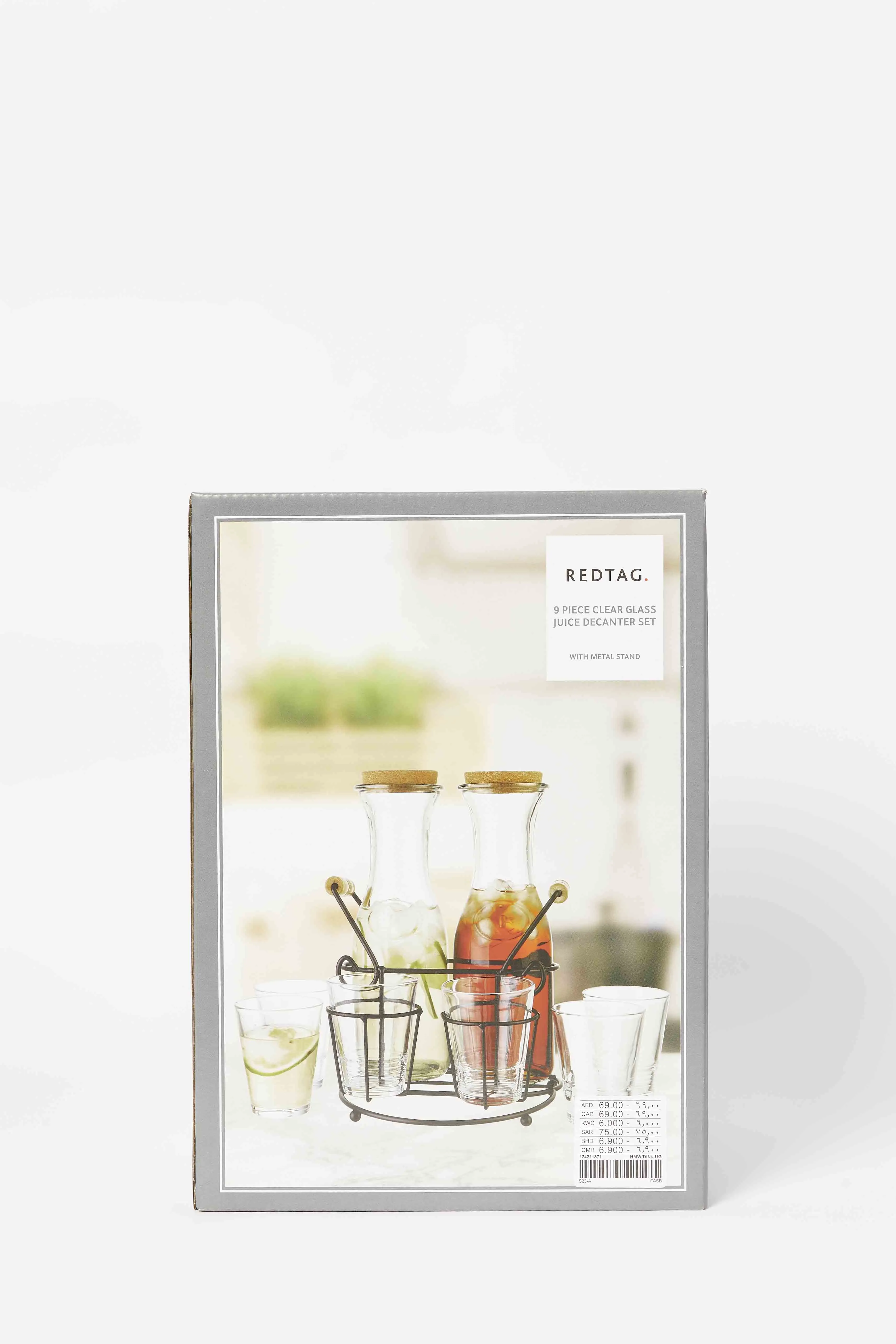 Clear Glass Juice Decnter Set With Metal Stand (9 Piece)