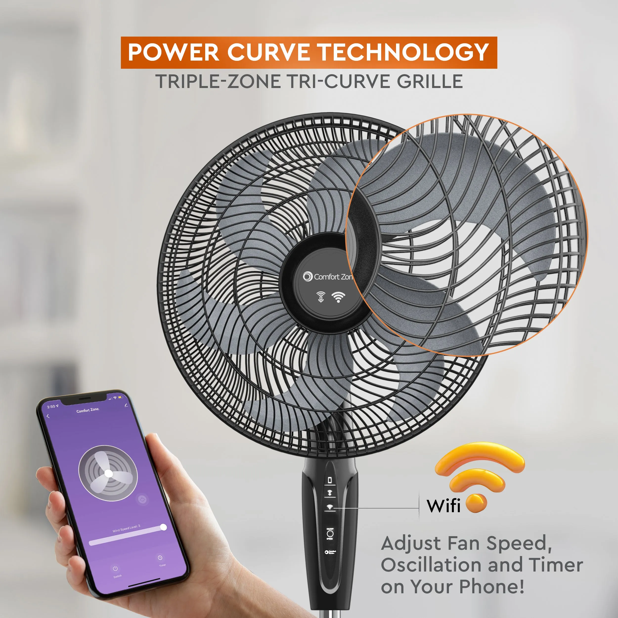 Comfort Zone 18" Smart WiFi 3-Speed Oscillating Stand Fan, Wall-Mountable, White & Black