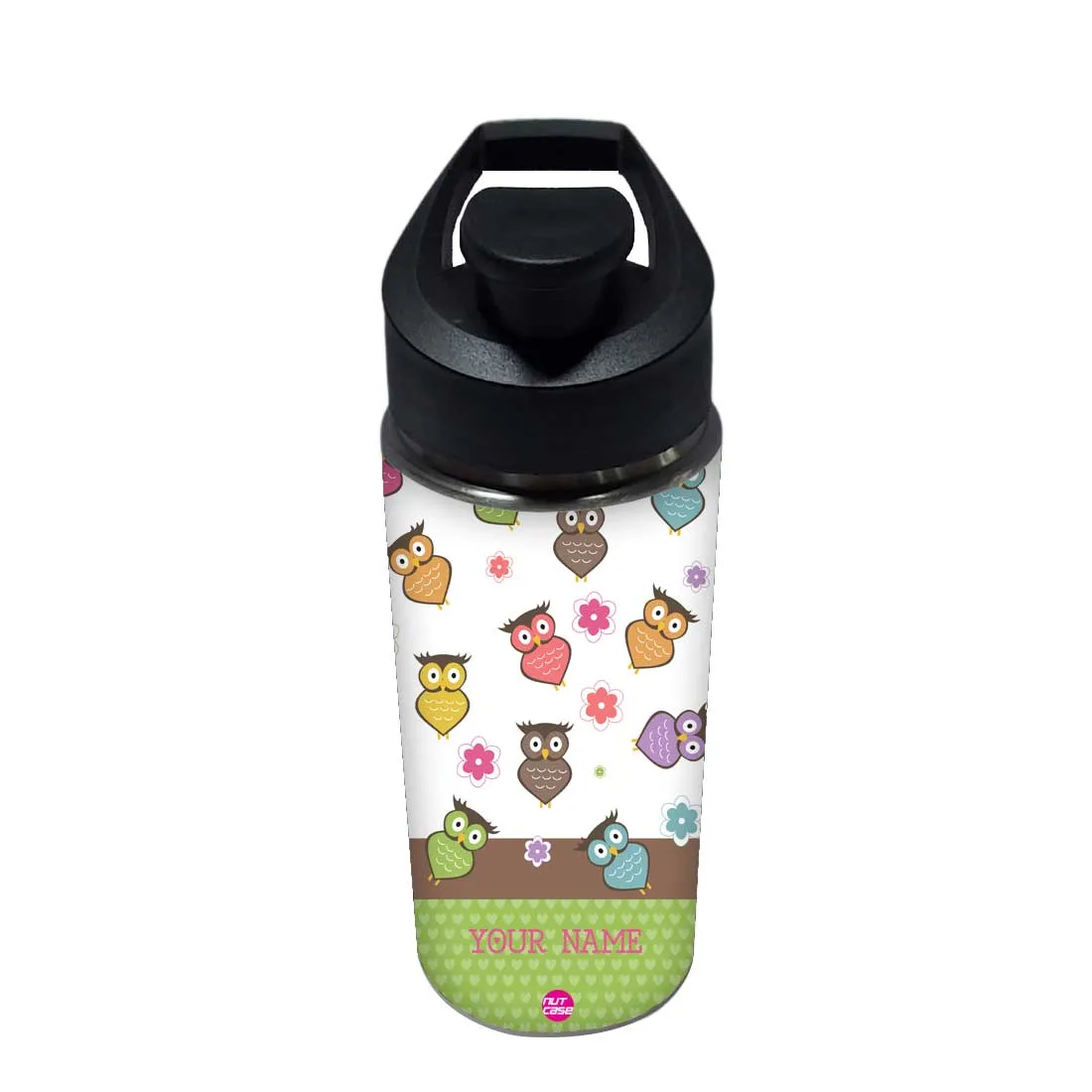 Customised Water Bottle with Name Printed-Owl and Floral