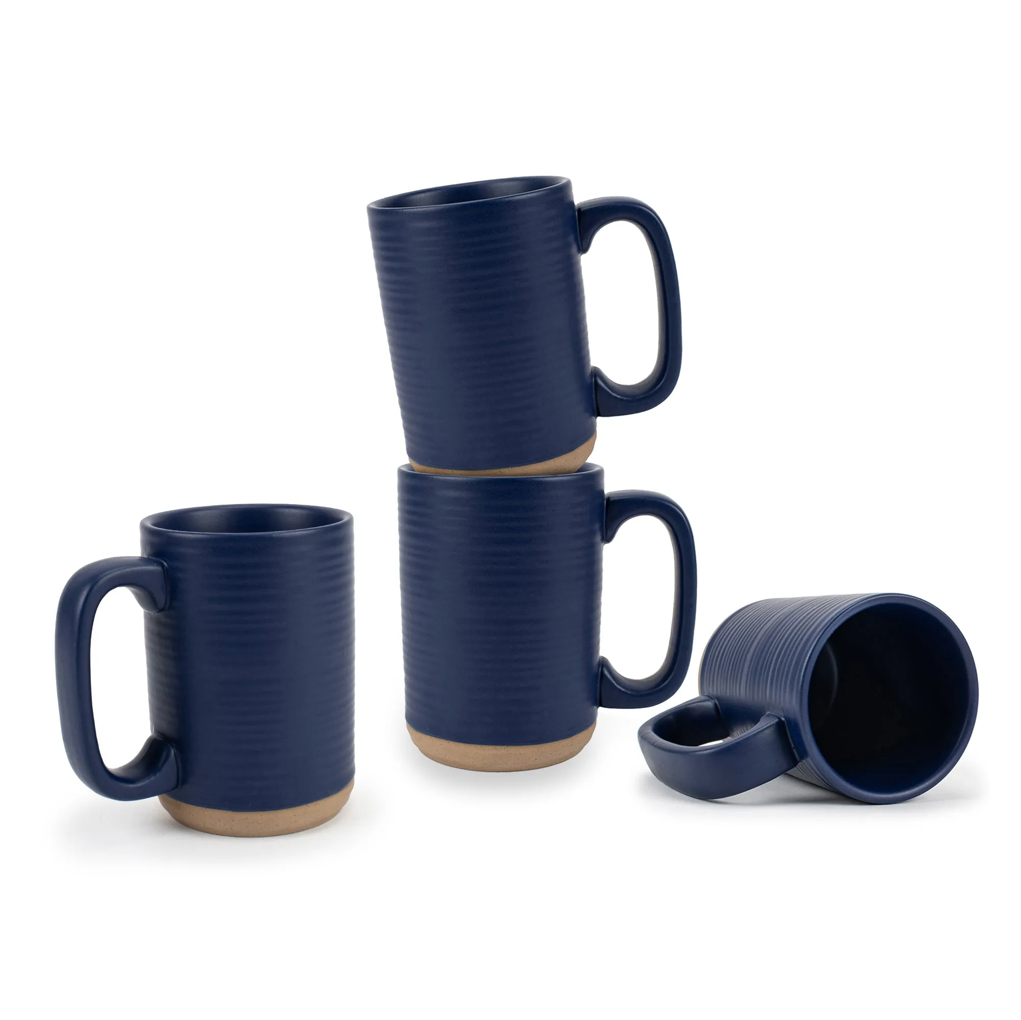 Elanze Designs Tall Ribbed Raw Clay Bottom Navy Blue 16 ounce Ceramic Coffee Mugs Set of 4