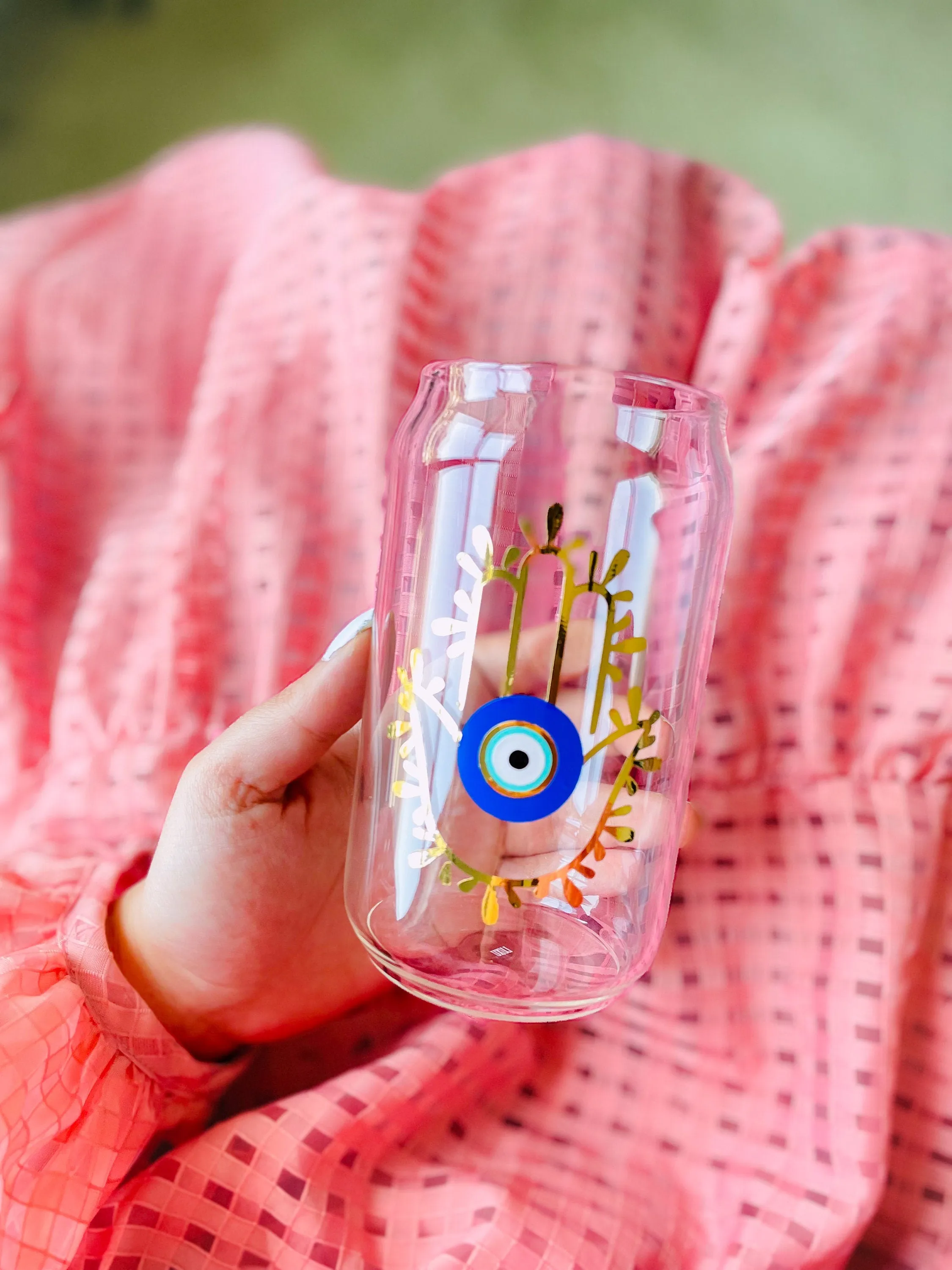 Evil Eye Glass Soda Beer With Glass Straw Can Hamsa Hand Cup Evil Eye Glasses Can Hamsa Hand Beer Glass Evil Eye Water Glasses