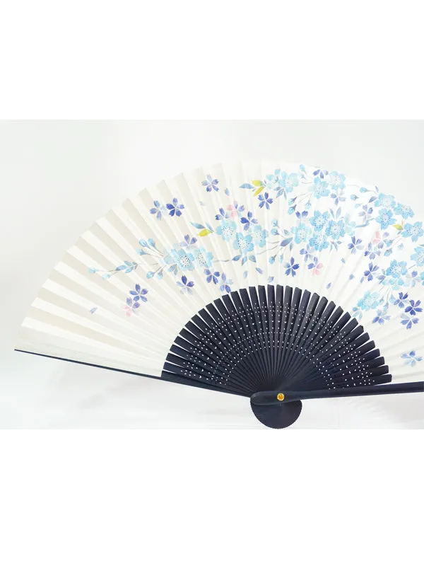 Folding Fan. made in Kyoto, Japan. Japanese Hand Fan. "Blue Cherry Blossom / Light Silver"