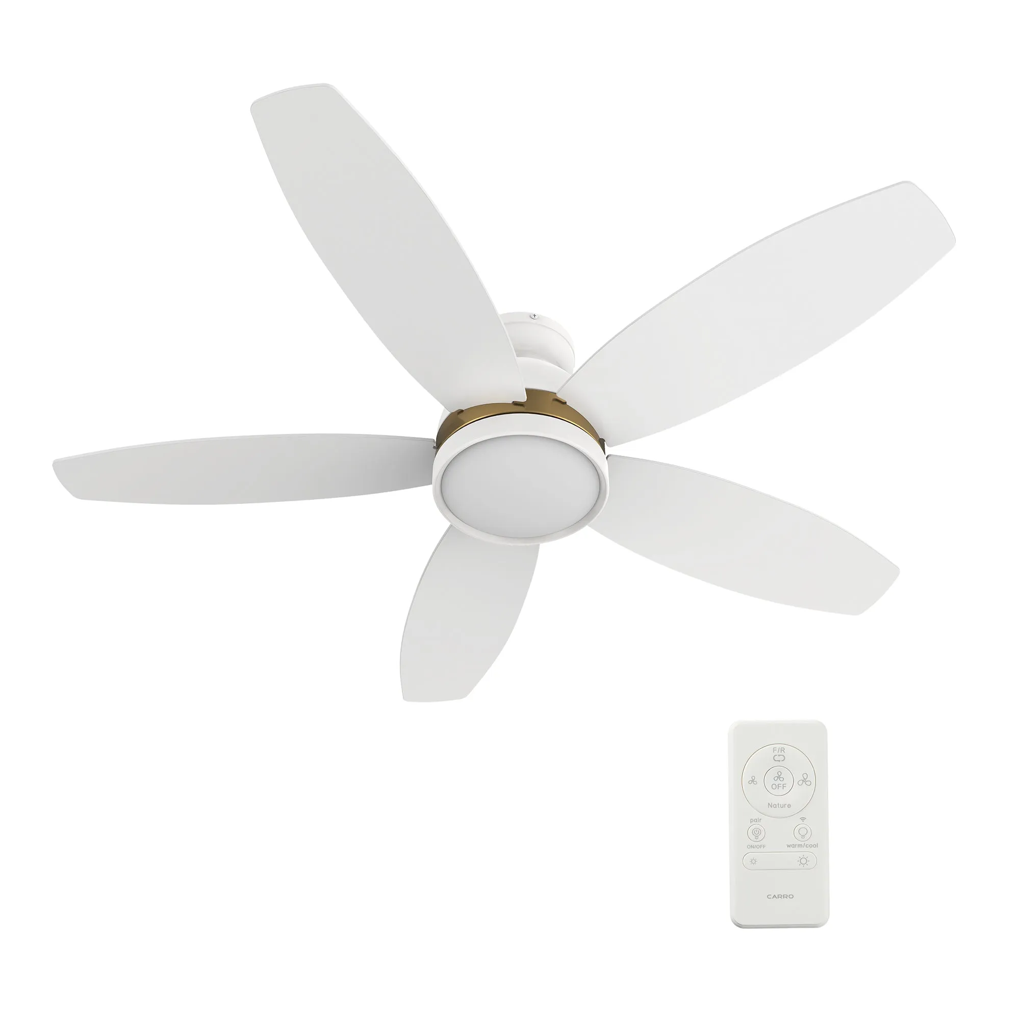 FREMONT 48 inch 5-Blade Flush Mount Smart Ceiling Fan with LED Light Kit & Remote- White/White (Gold Detail)