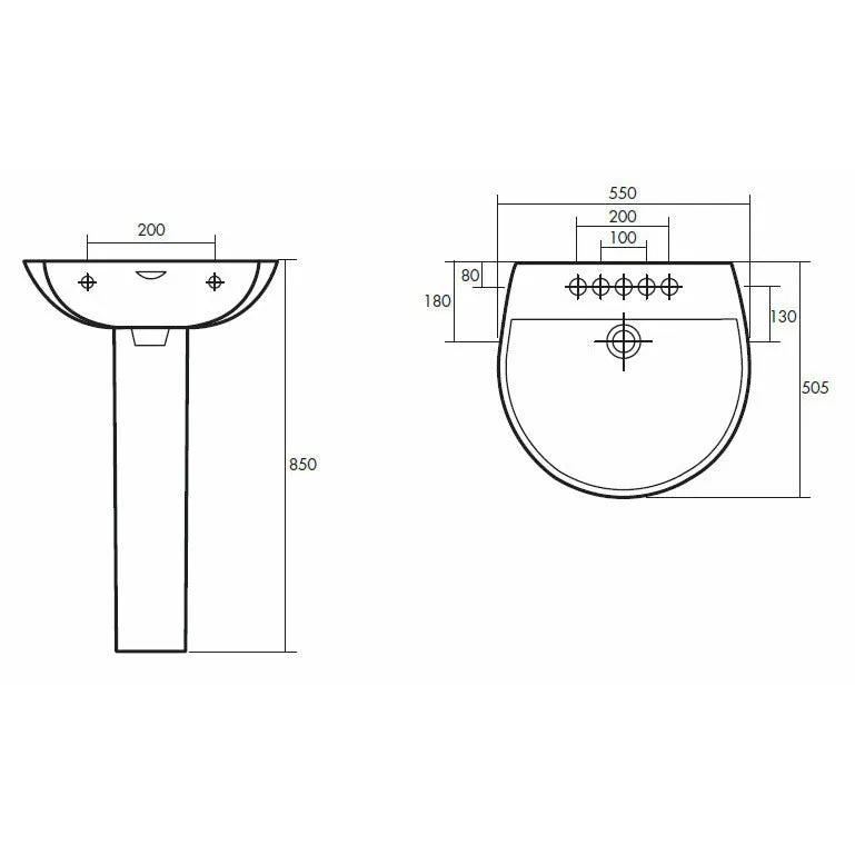 Frontline White Reserva 550mm Full Pedestal Basin - 2 Tap Holes