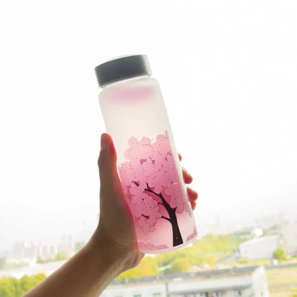 Frosted Color Changing Cherry Blossoms Glass Bottle - 450 ml