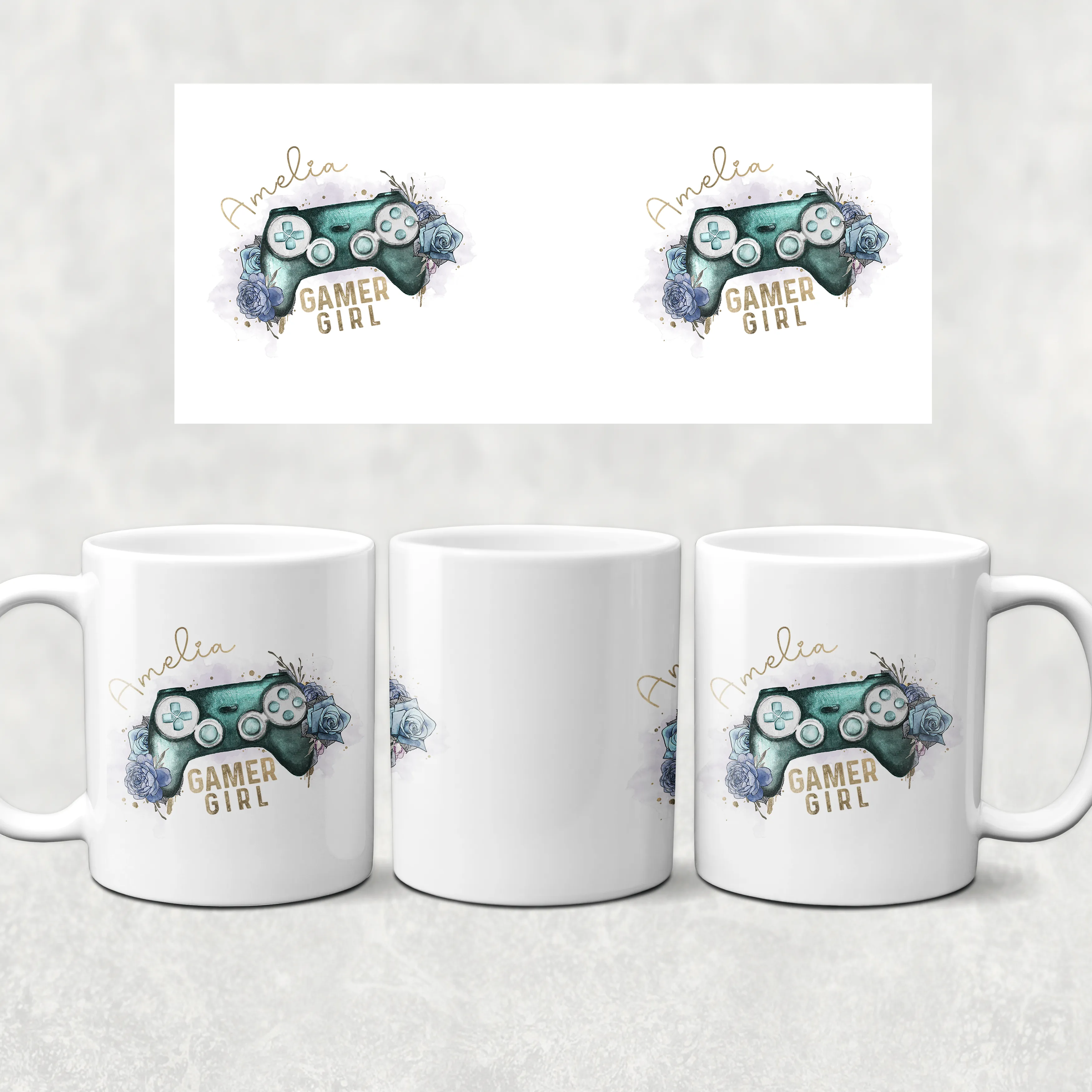 Gamer Girl Floral Personalised Watercolour Mug