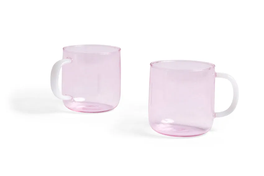 Glass Borosilicate Mugs | Set of 2 | Pink with White Handle | by HAY