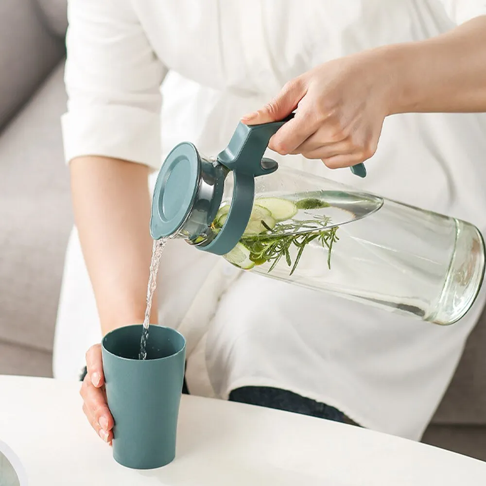 Glass Water Pitcher with Lid and Handle - Beverage Dispenser