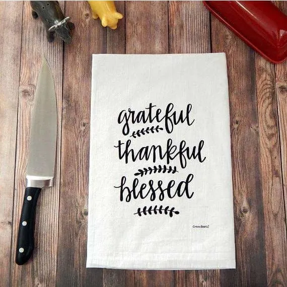 Grateful, Thankful, Blessed Handprinted White Flour Sack Tea Towel with Hanging Loop