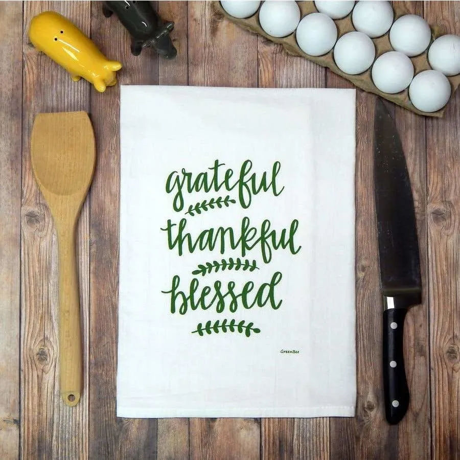 Grateful, Thankful, Blessed Handprinted White Flour Sack Tea Towel with Hanging Loop