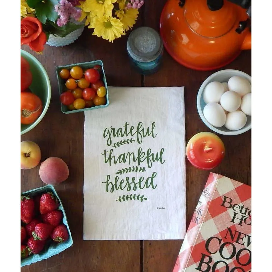 Grateful, Thankful, Blessed Handprinted White Flour Sack Tea Towel with Hanging Loop